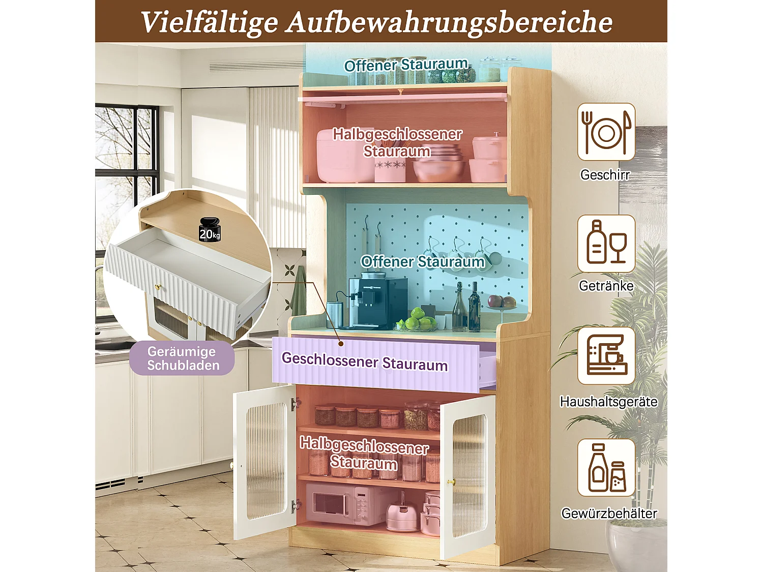 Buffet de cuisine moderne 80x40x180cm - avec éclairage LED - avec étagères et tiroirs réglables - 3 portes vitrées - Blanc + Naturel