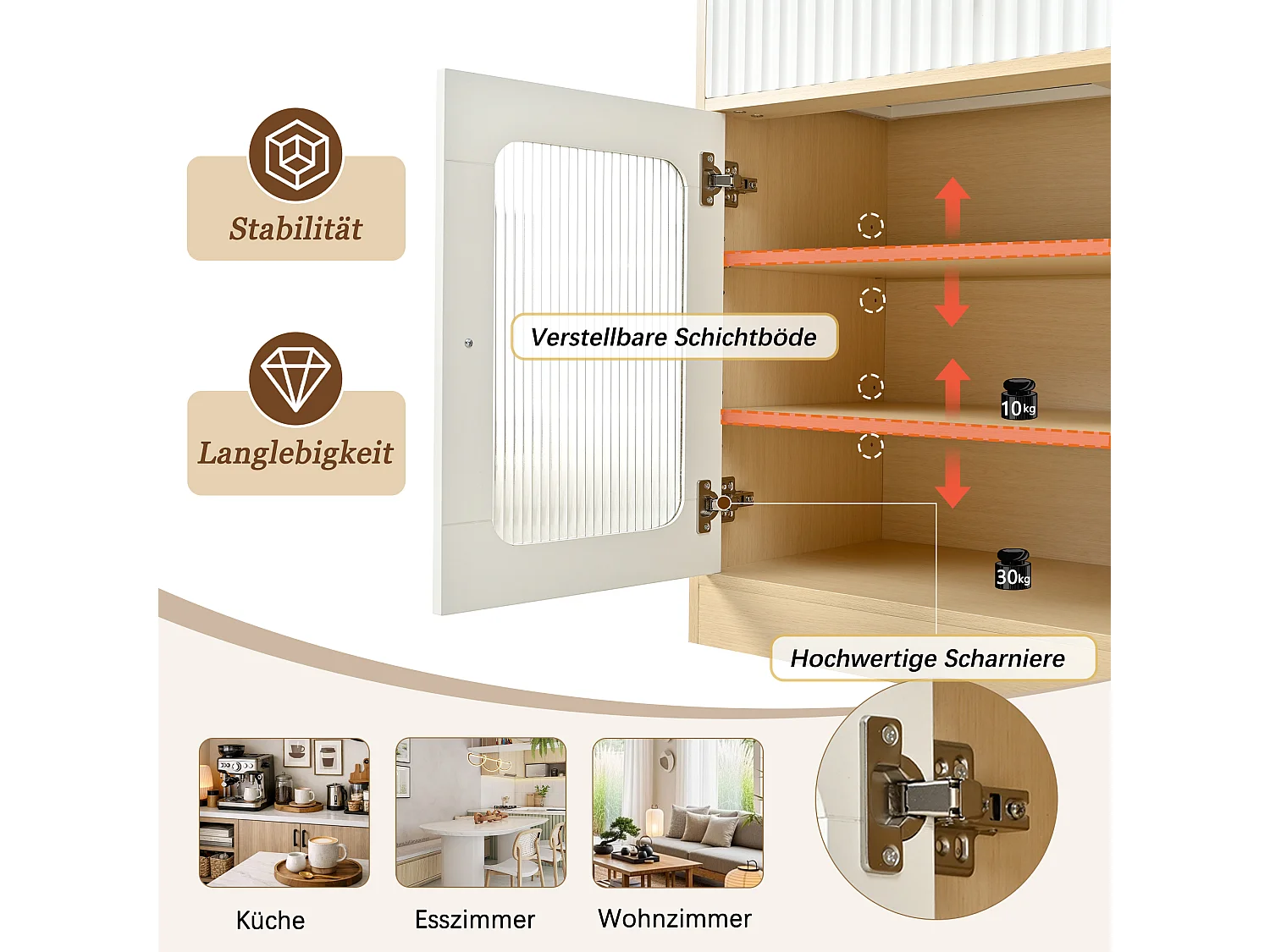 Buffet de cuisine moderne 80x40x180cm - avec éclairage LED - avec étagères et tiroirs réglables - 3 portes vitrées - Blanc + Naturel