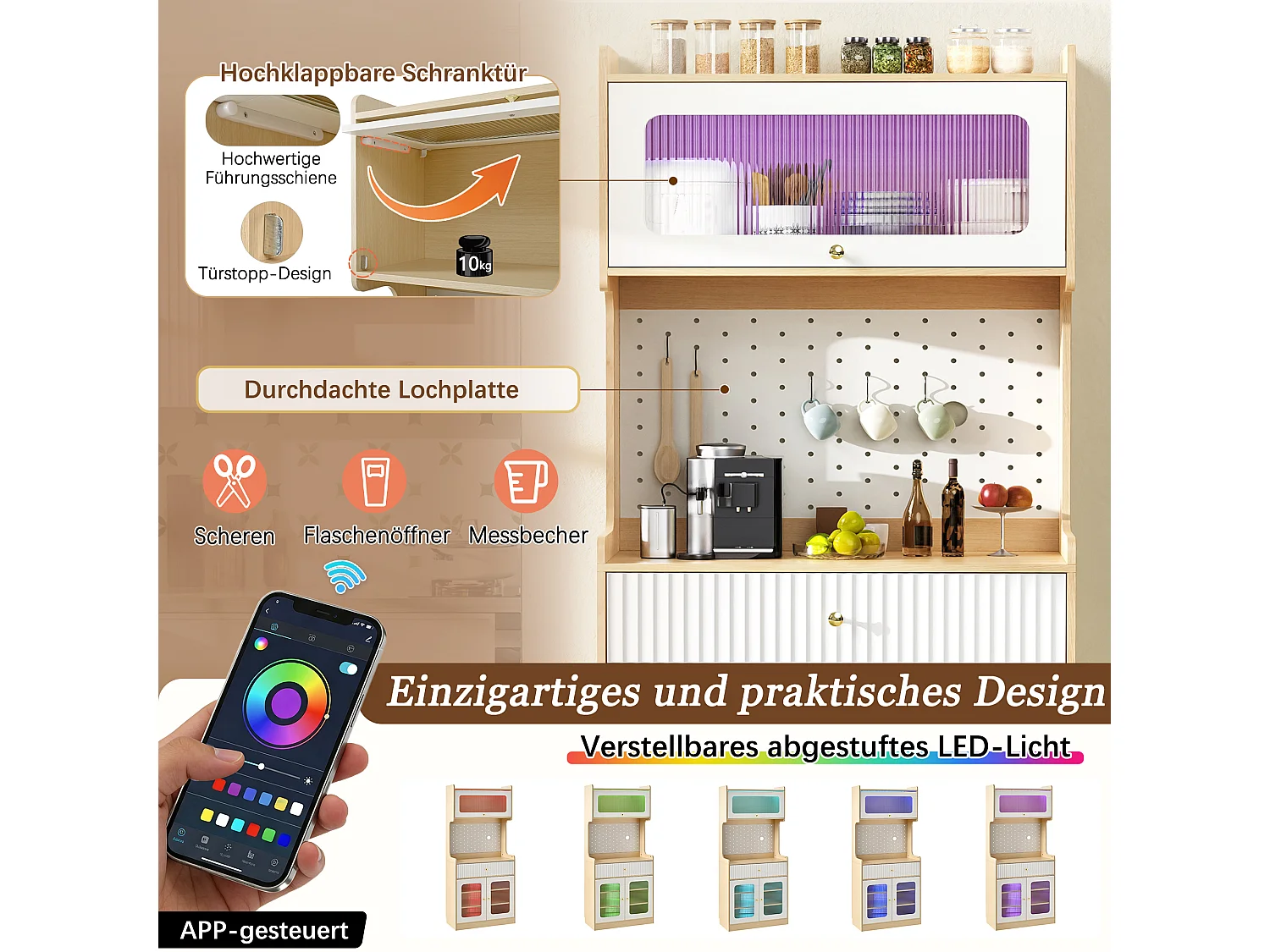 Buffet de cuisine moderne 80x40x180cm - avec éclairage LED - avec étagères et tiroirs réglables - 3 portes vitrées - Blanc + Naturel