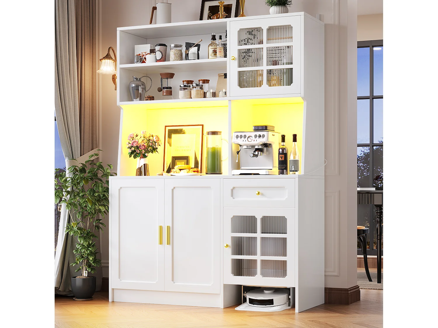 Kredens kuchenny 130x45x180cm - 4 drzwi + 1 szuflada + 5 półek - wysoka szafa - z oświetleniem LED - Styl retro - Biały