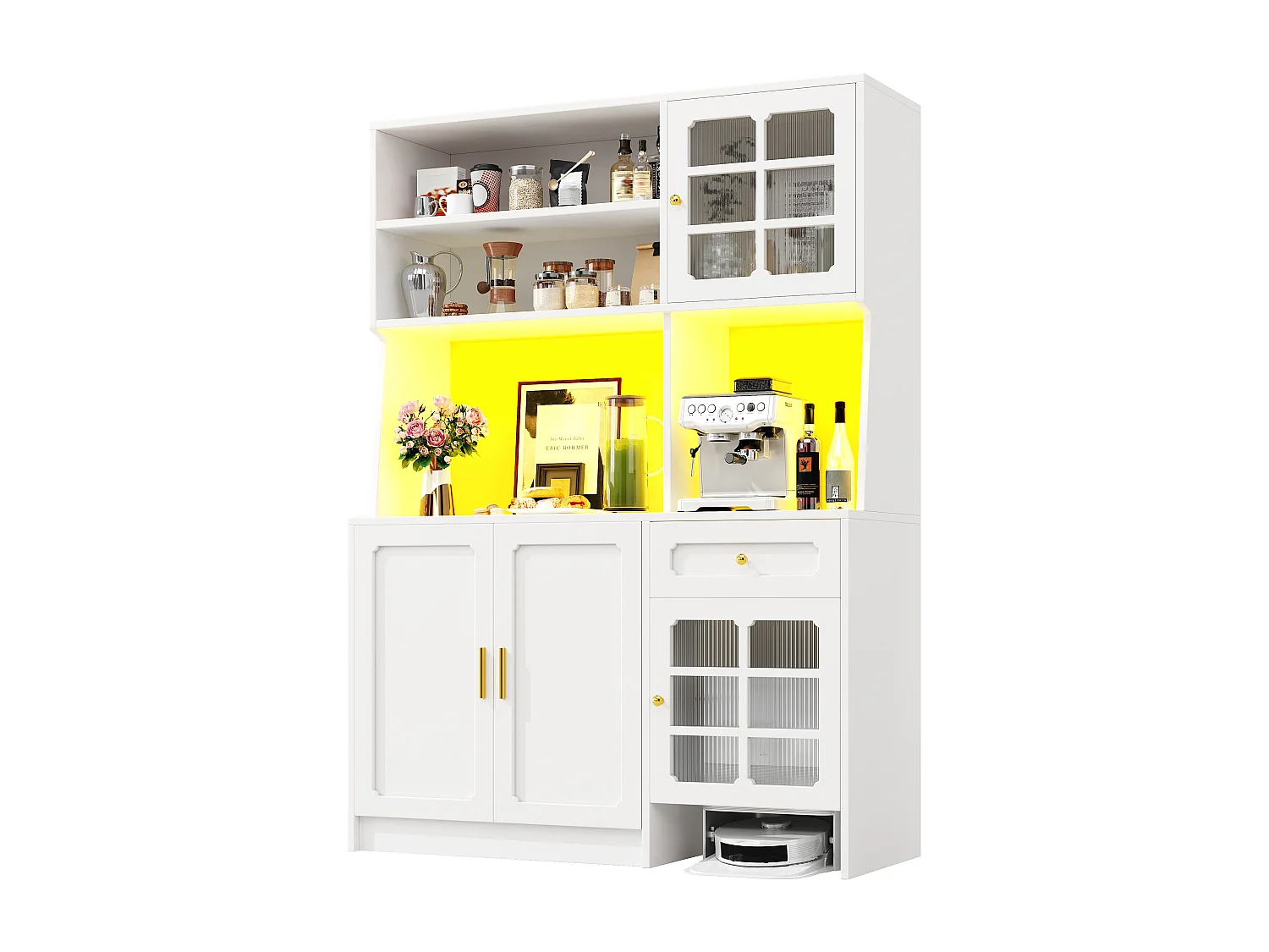 Kredens kuchenny 130x45x180cm - 4 drzwi + 1 szuflada + 5 półek - wysoka szafa - z oświetleniem LED - Styl retro - Biały