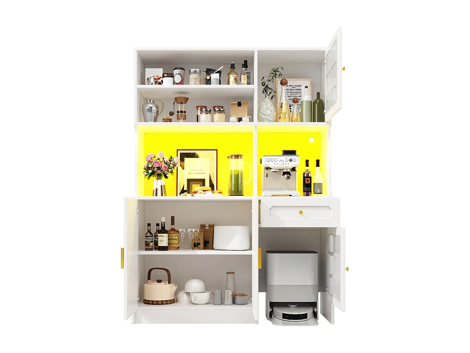 Kredens kuchenny 130x45x180cm - 4 drzwi + 1 szuflada + 5 półek - wysoka szafa - z oświetleniem LED - Styl retro - Biały