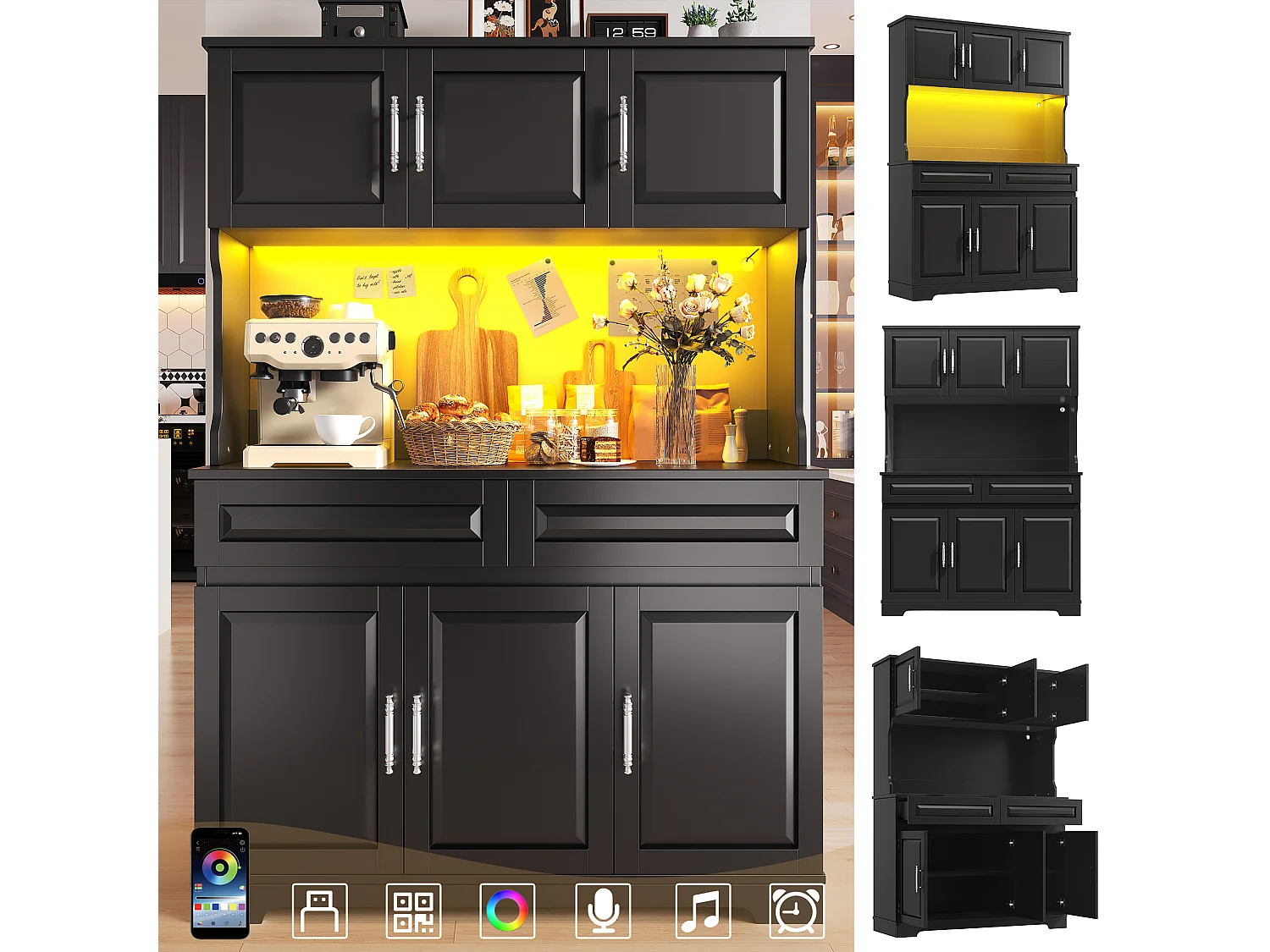 Hohes Küchen-Sideboard – 108 x 40 x 180 cm – mit 2 Schubladen, 6 Türen, LED-Beleuchtung und Arbeitsplatte – MDF – schwarz