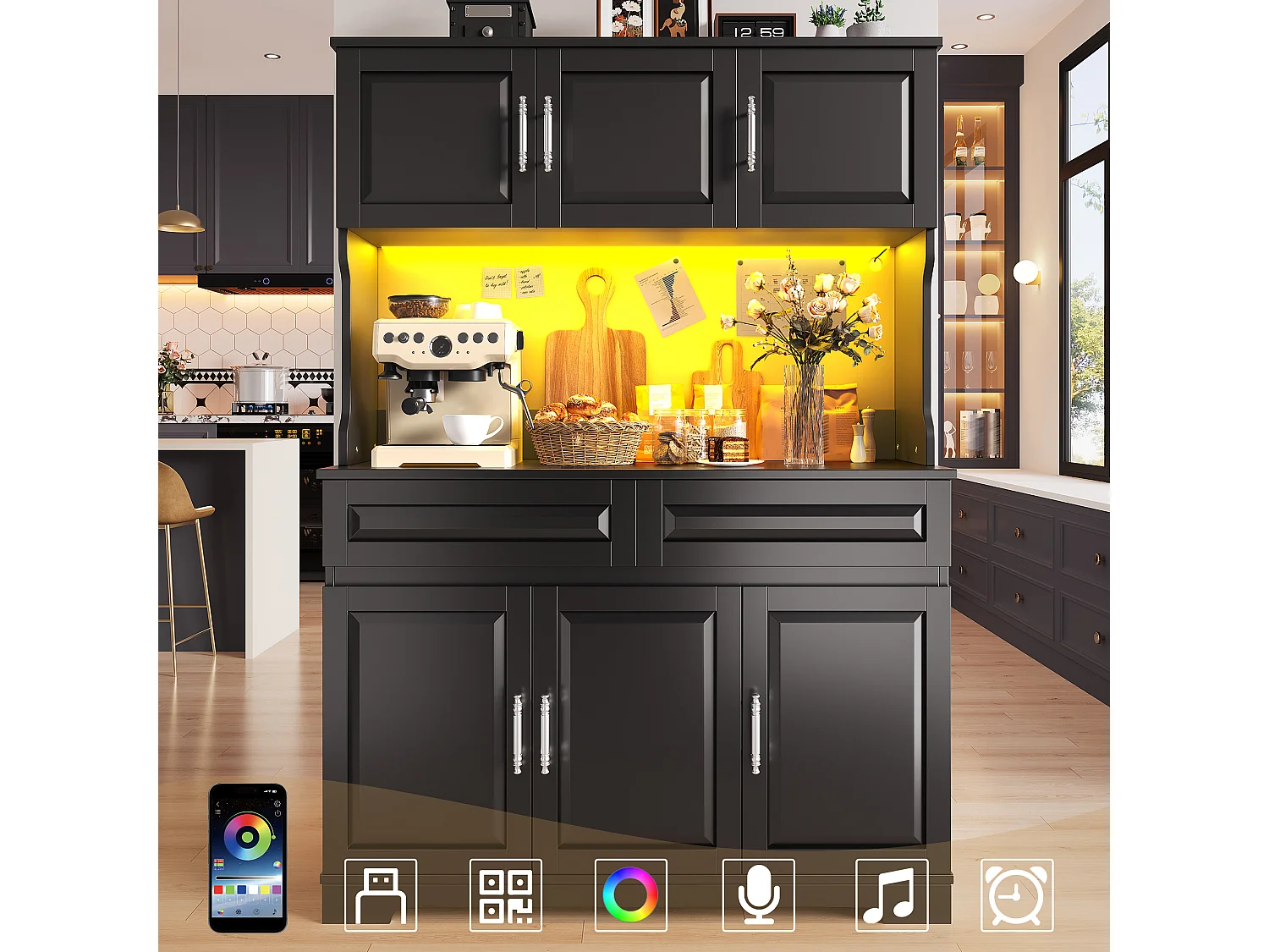 Hohes Küchen-Sideboard – 108 x 40 x 180 cm – mit 2 Schubladen, 6 Türen, LED-Beleuchtung und Arbeitsplatte – MDF – schwarz