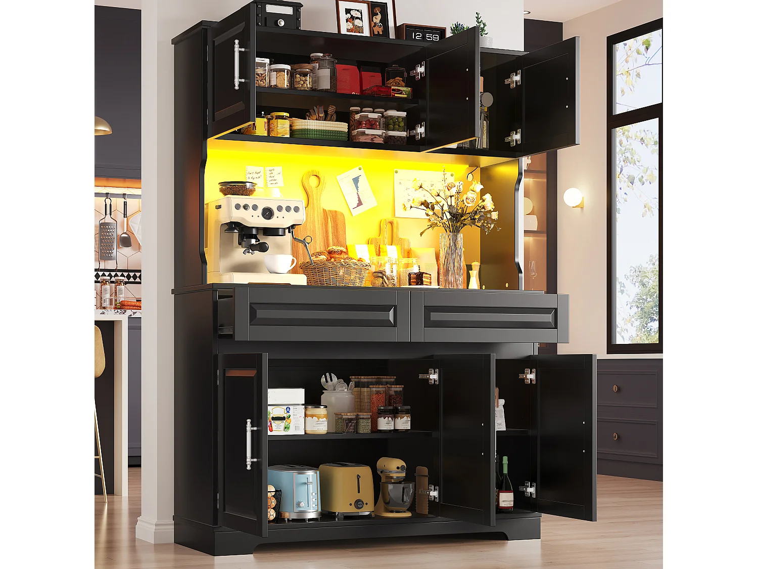 Hohes Küchen-Sideboard – 108 x 40 x 180 cm – mit 2 Schubladen, 6 Türen, LED-Beleuchtung und Arbeitsplatte – MDF – schwarz