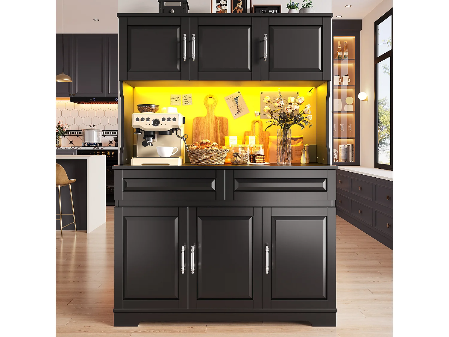 Hohes Küchen-Sideboard – 108 x 40 x 180 cm – mit 2 Schubladen, 6 Türen, LED-Beleuchtung und Arbeitsplatte – MDF – schwarz