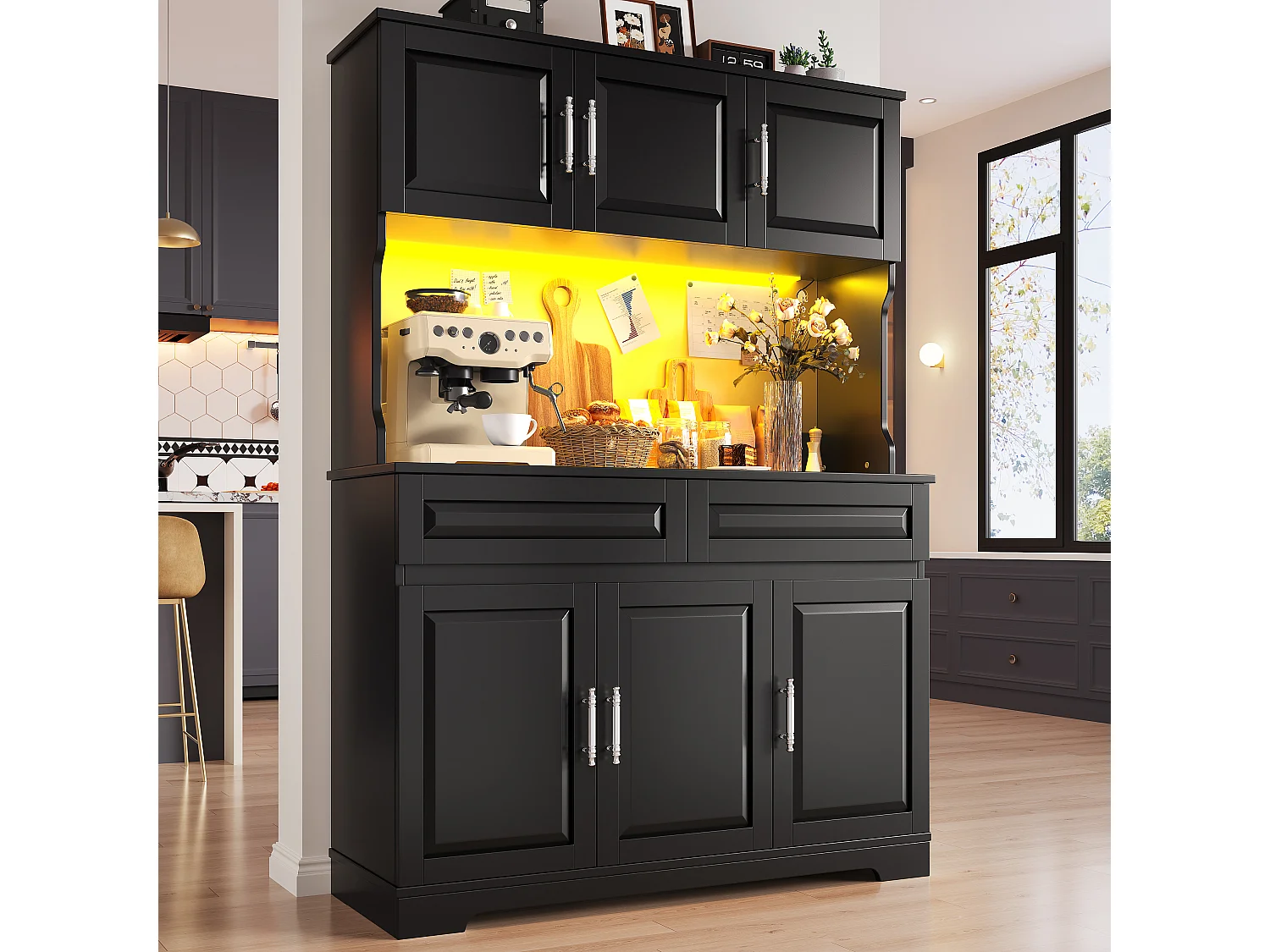 Hohes Küchen-Sideboard – 108 x 40 x 180 cm – mit 2 Schubladen, 6 Türen, LED-Beleuchtung und Arbeitsplatte – MDF – schwarz