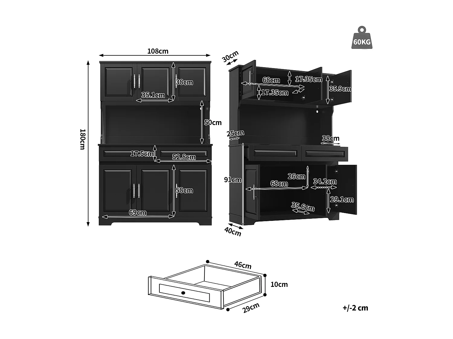 Hohes Küchen-Sideboard – 108 x 40 x 180 cm – mit 2 Schubladen, 6 Türen, LED-Beleuchtung und Arbeitsplatte – MDF – schwarz
