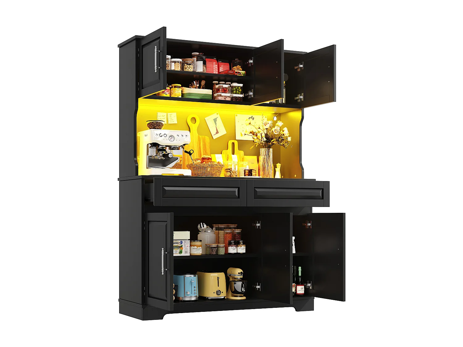 Hohes Küchen-Sideboard – 108 x 40 x 180 cm – mit 2 Schubladen, 6 Türen, LED-Beleuchtung und Arbeitsplatte – MDF – schwarz