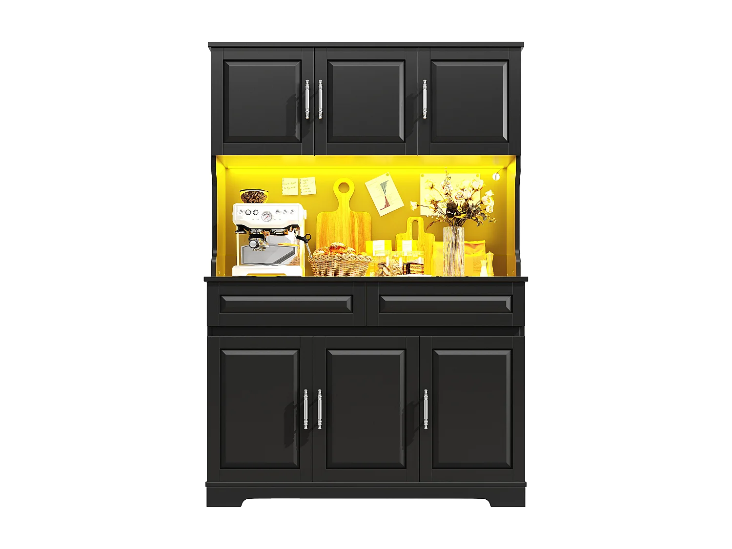 Hohes Küchen-Sideboard – 108 x 40 x 180 cm – mit 2 Schubladen, 6 Türen, LED-Beleuchtung und Arbeitsplatte – MDF – schwarz