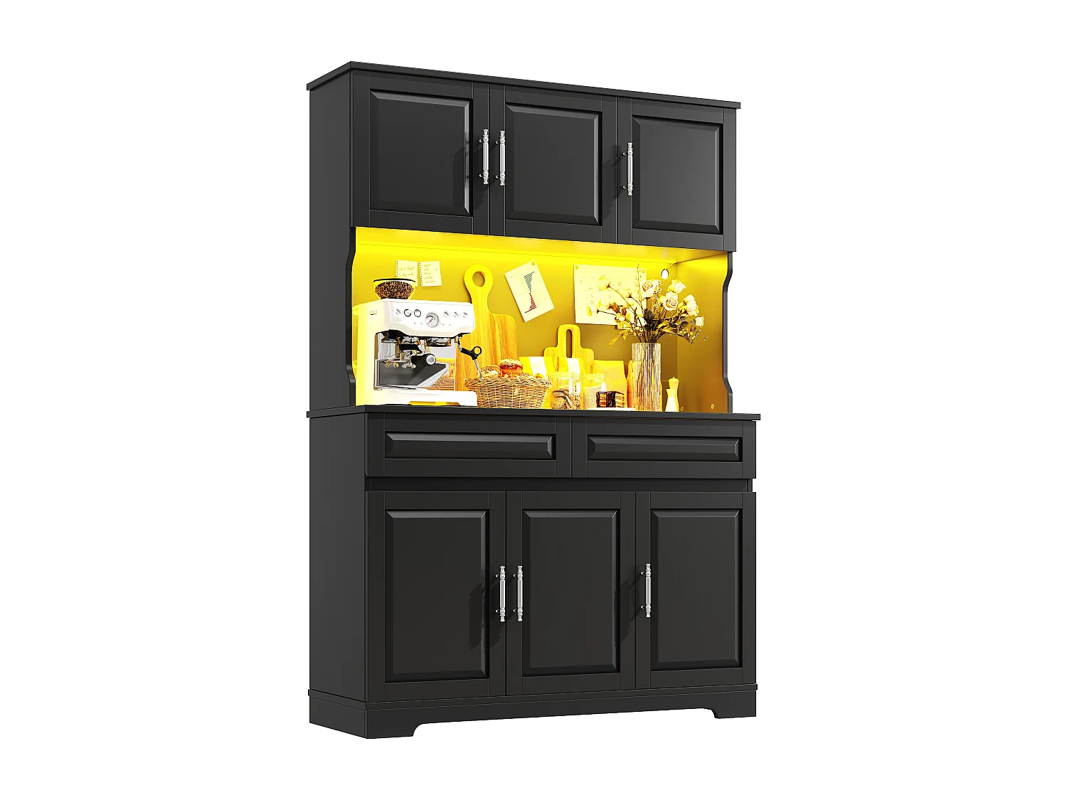 Hohes Küchen-Sideboard – 108 x 40 x 180 cm – mit 2 Schubladen, 6 Türen, LED-Beleuchtung und Arbeitsplatte – MDF – schwarz
