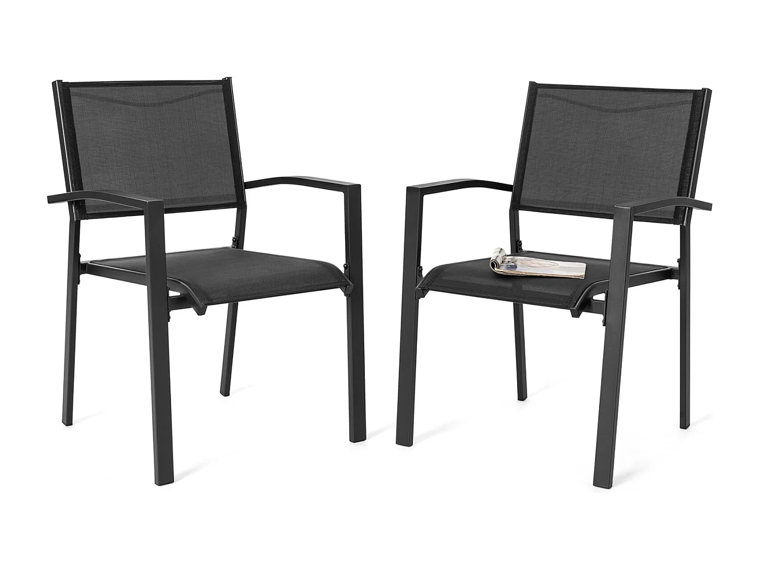 Chaises de Jardin Empilables, Ensemble de 2 en Textilène Respirant, Cadre Fer à Finiton Poudre pour Toutes Saisons, Noir