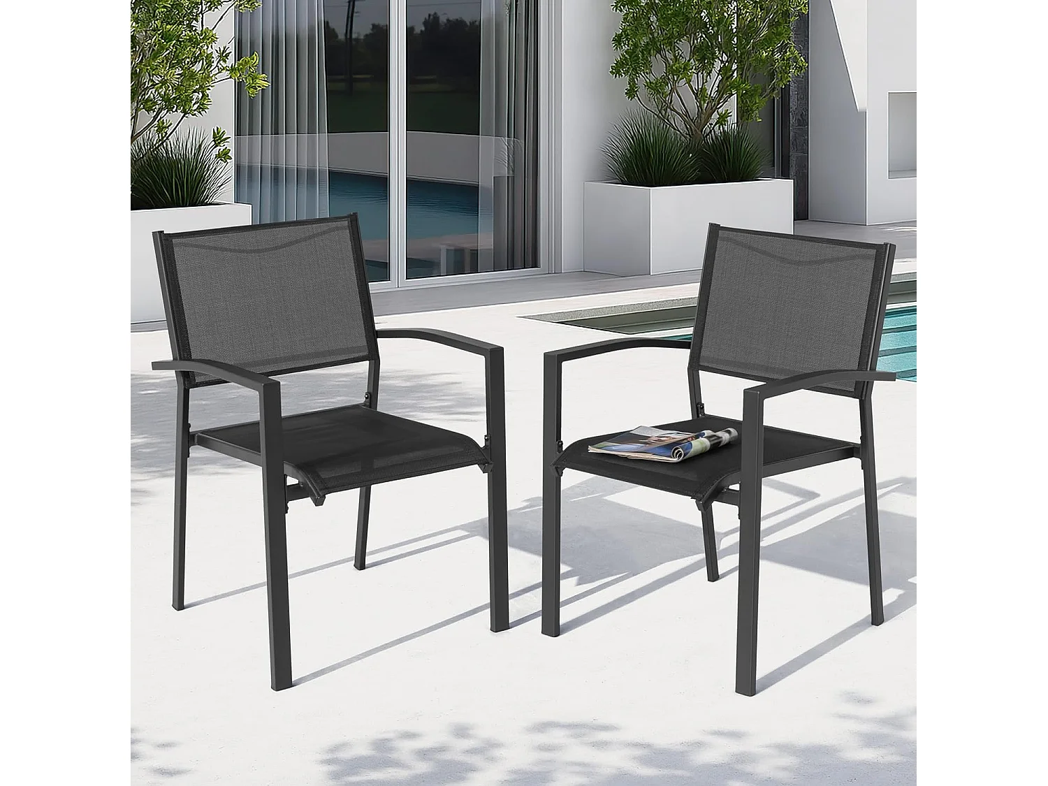 Chaises de Jardin Empilables, Ensemble de 2 en Textilène Respirant, Cadre Fer à Finiton Poudre pour Toutes Saisons, Noir