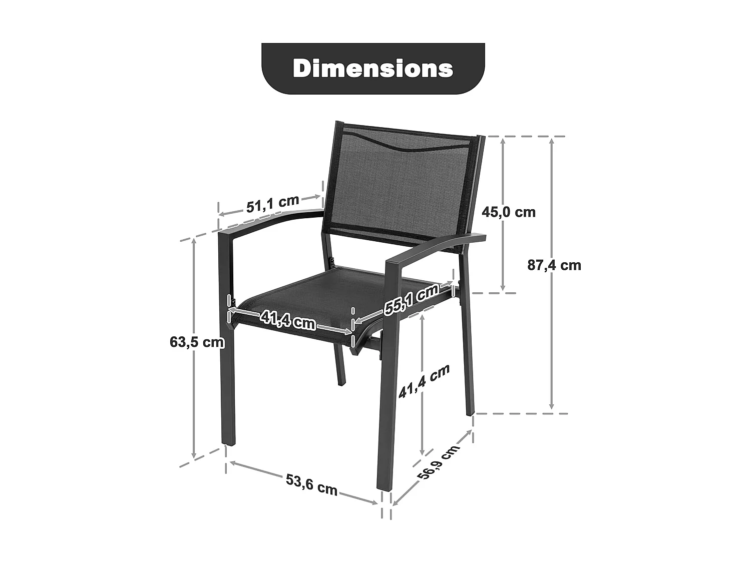Chaises de Jardin Empilables, Ensemble de 2 en Textilène Respirant, Cadre Fer à Finiton Poudre pour Toutes Saisons, Noir