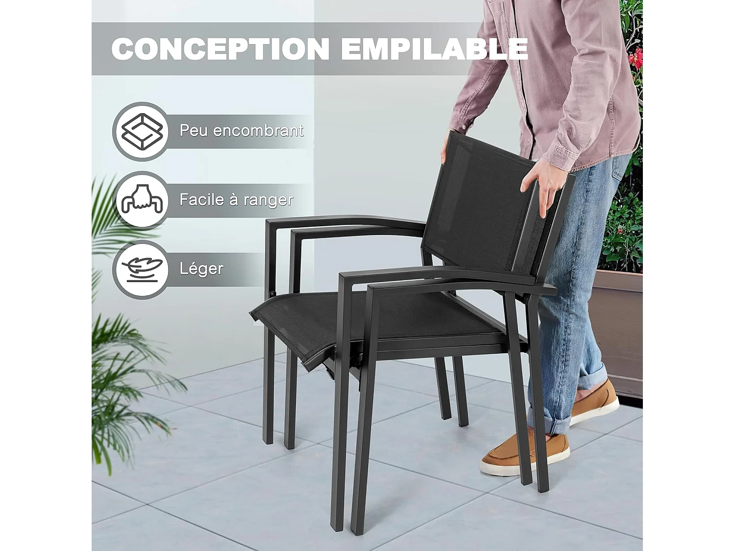 Chaises de Jardin Empilables, Ensemble de 2 en Textilène Respirant, Cadre Fer à Finiton Poudre pour Toutes Saisons, Noir