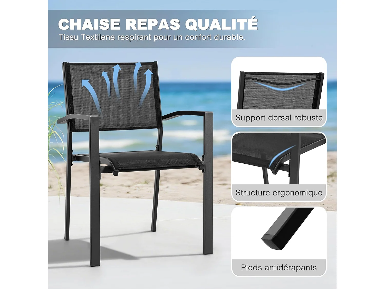 Chaises de Jardin Empilables, Ensemble de 2 en Textilène Respirant, Cadre Fer à Finiton Poudre pour Toutes Saisons, Noir