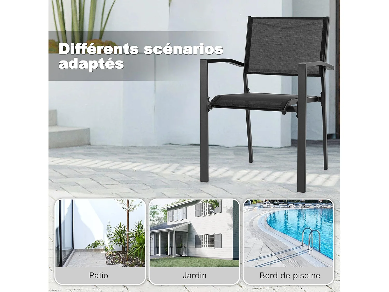 Chaises de Jardin Empilables, Ensemble de 2 en Textilène Respirant, Cadre Fer à Finiton Poudre pour Toutes Saisons, Noir