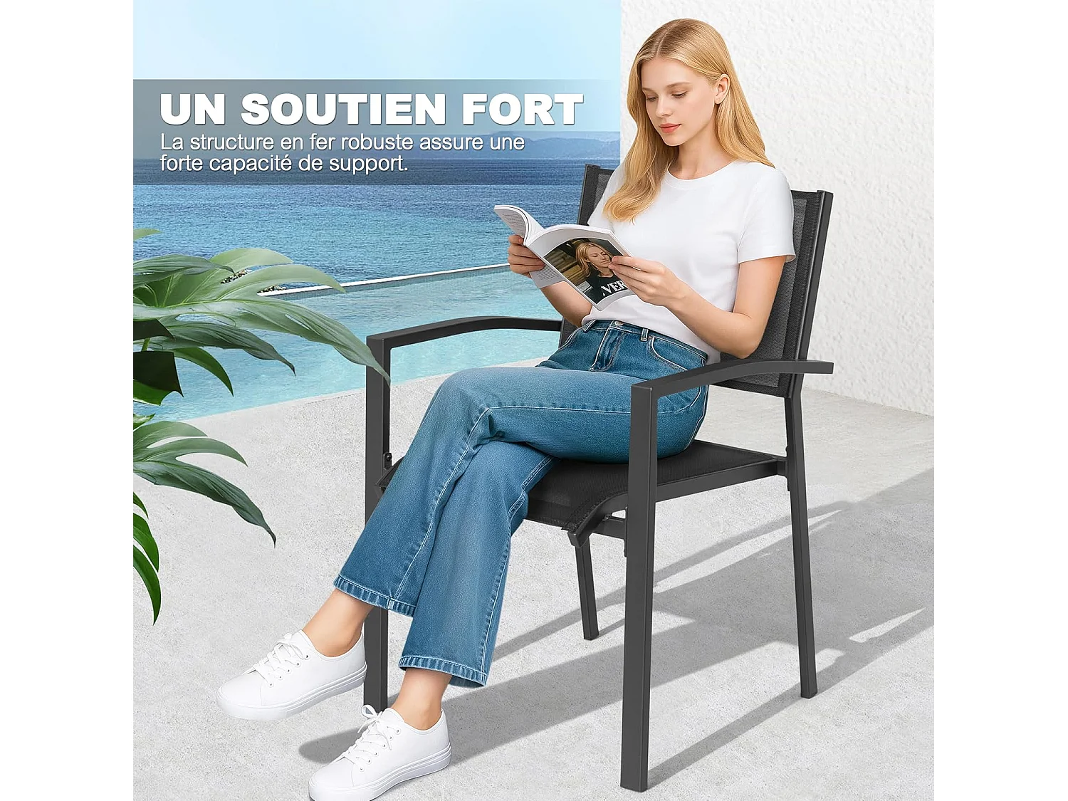 Chaises de Jardin Empilables, Ensemble de 2 en Textilène Respirant, Cadre Fer à Finiton Poudre pour Toutes Saisons, Noir