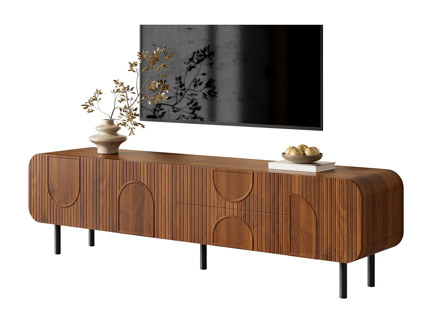 TV-Schrank 180x40x47,5 cm - 3 Türen und 2 Schubladen - Nussbaumfurnier - Metallfüße - MDF - Braun