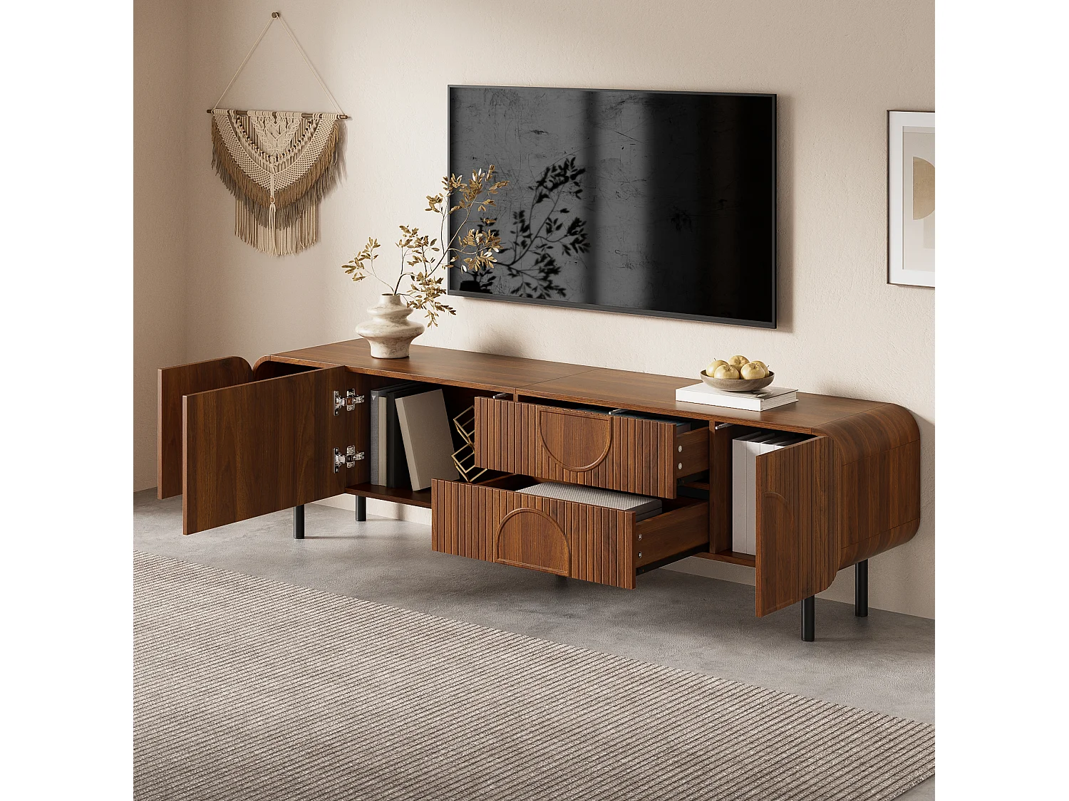 TV-Schrank 180x40x47,5 cm - 3 Türen und 2 Schubladen - Nussbaumfurnier - Metallfüße - MDF - Braun