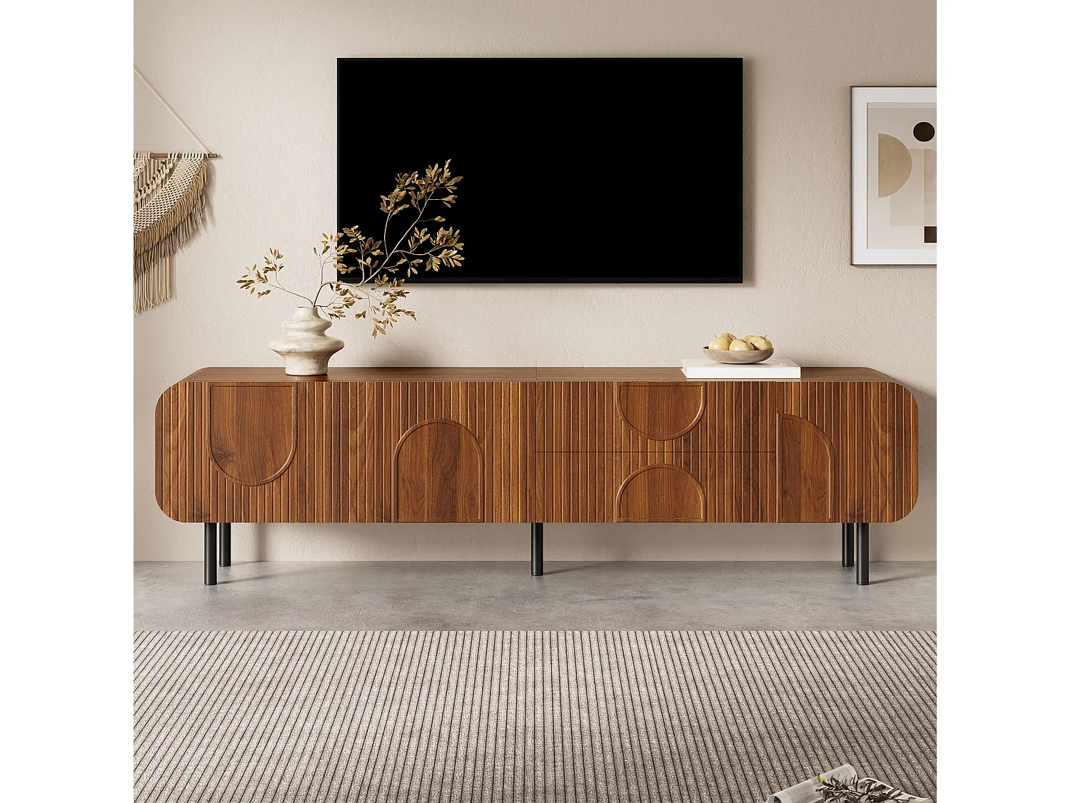 TV-Schrank 180x40x47,5 cm - 3 Türen und 2 Schubladen - Nussbaumfurnier - Metallfüße - MDF - Braun