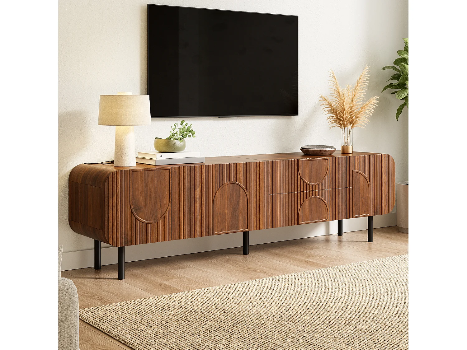 TV-Schrank 180x40x47,5 cm - 3 Türen und 2 Schubladen - Nussbaumfurnier - Metallfüße - MDF - Braun