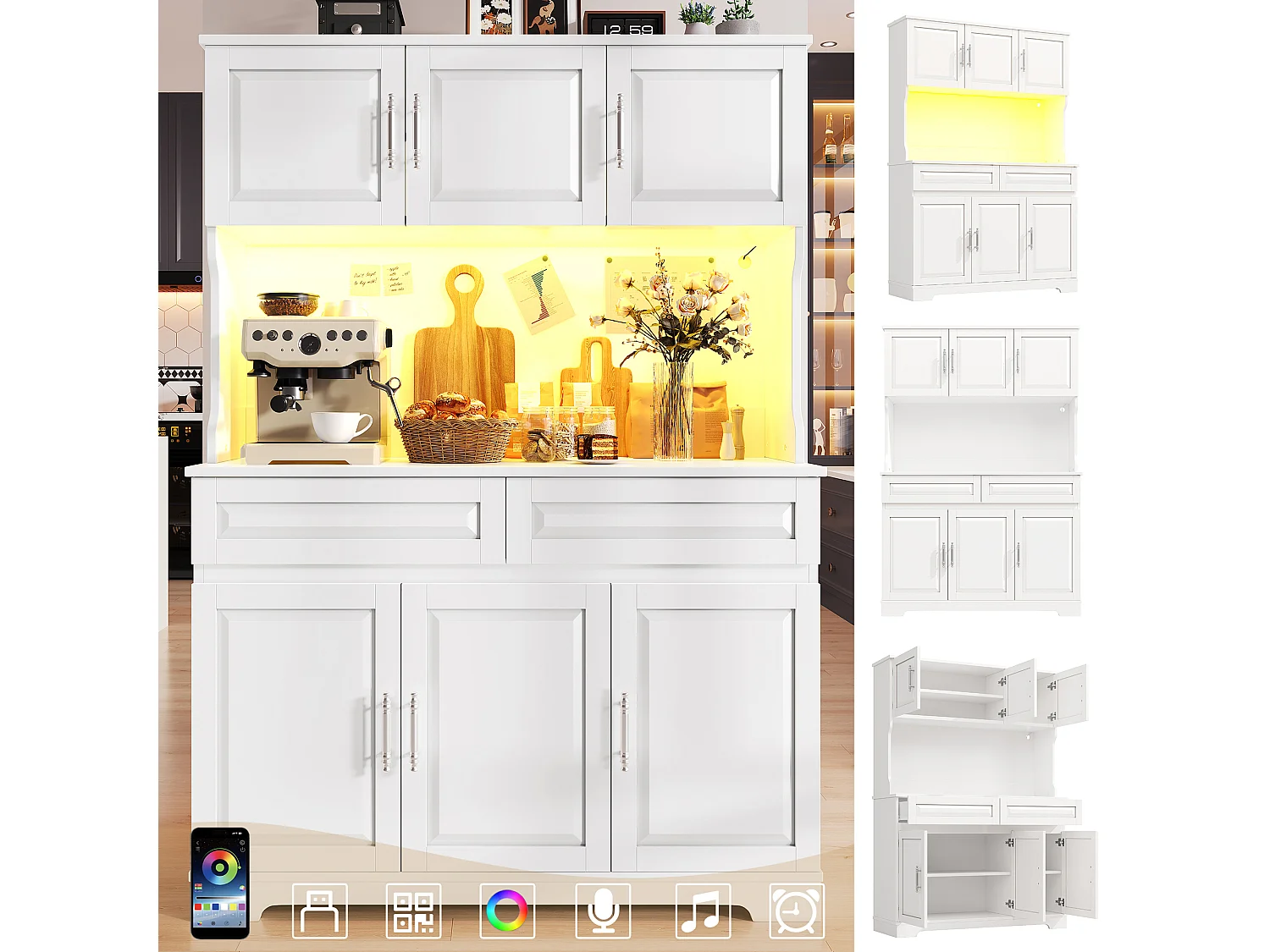 Hohes Küchen-Sideboard – 108 x 40 x 180 cm – mit 2 Schubladen, 6 Türen, LED-Beleuchtung und Arbeitsplatte – MDF – weiß