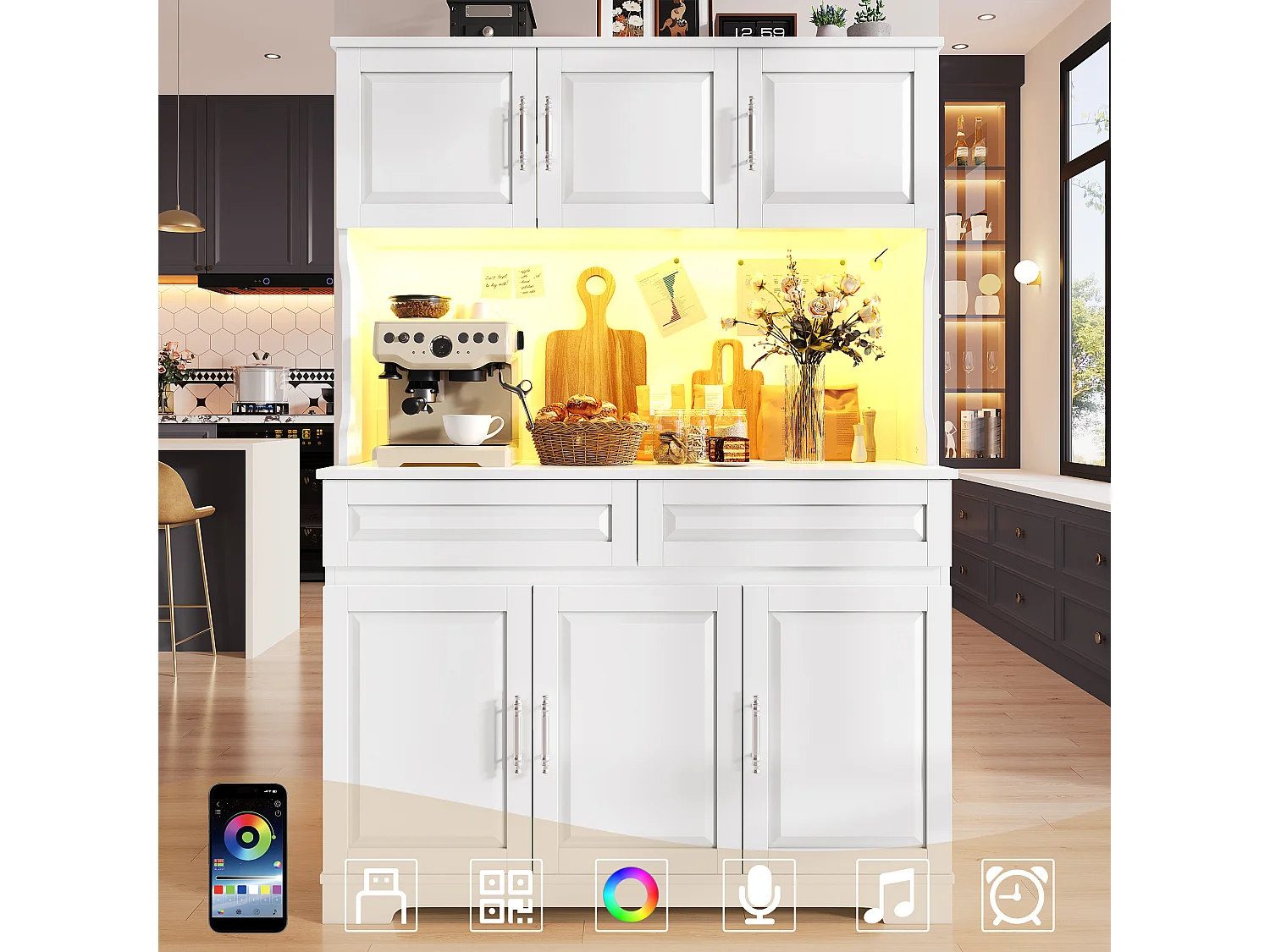 Hohes Küchen-Sideboard – 108 x 40 x 180 cm – mit 2 Schubladen, 6 Türen, LED-Beleuchtung und Arbeitsplatte – MDF – weiß