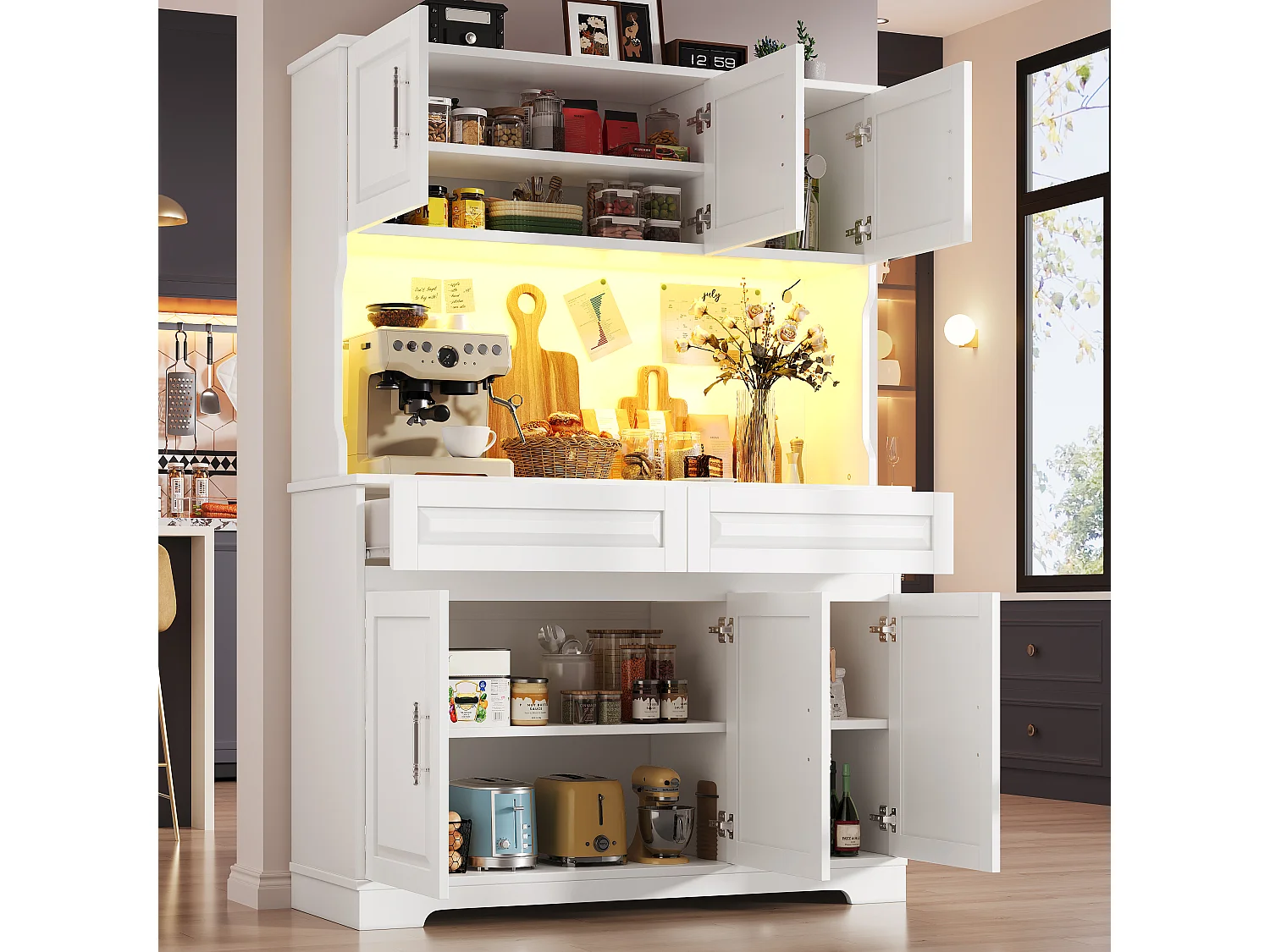 Hohes Küchen-Sideboard – 108 x 40 x 180 cm – mit 2 Schubladen, 6 Türen, LED-Beleuchtung und Arbeitsplatte – MDF – weiß