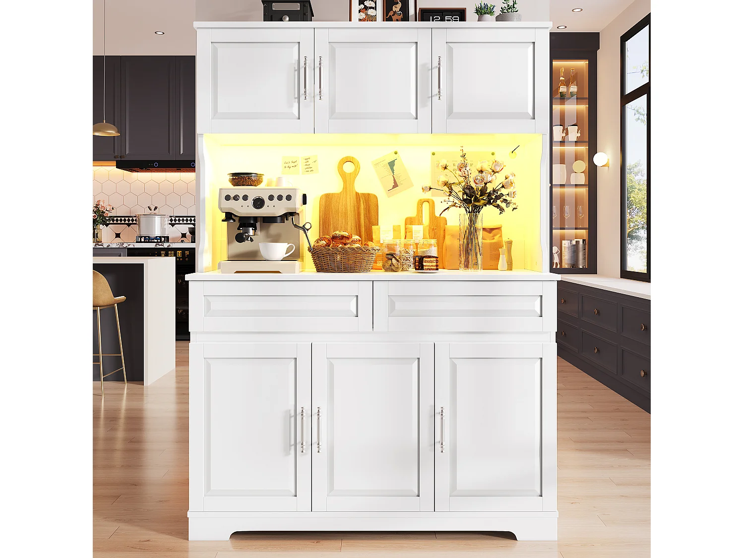 Hohes Küchen-Sideboard – 108 x 40 x 180 cm – mit 2 Schubladen, 6 Türen, LED-Beleuchtung und Arbeitsplatte – MDF – weiß