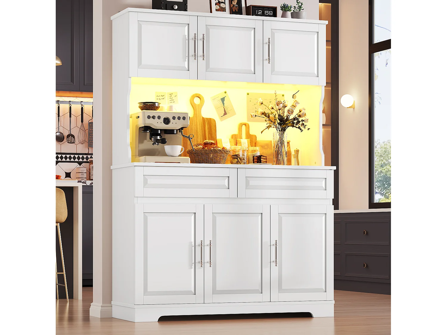 Hohes Küchen-Sideboard – 108 x 40 x 180 cm – mit 2 Schubladen, 6 Türen, LED-Beleuchtung und Arbeitsplatte – MDF – weiß