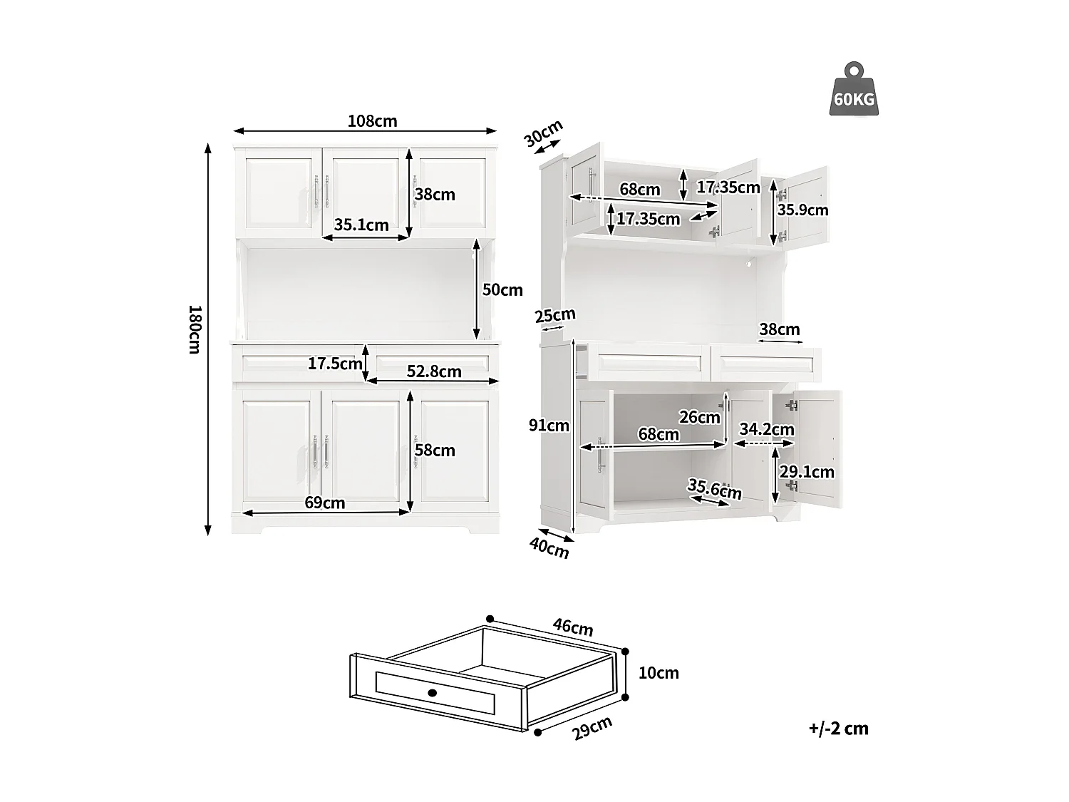 Hohes Küchen-Sideboard – 108 x 40 x 180 cm – mit 2 Schubladen, 6 Türen, LED-Beleuchtung und Arbeitsplatte – MDF – weiß