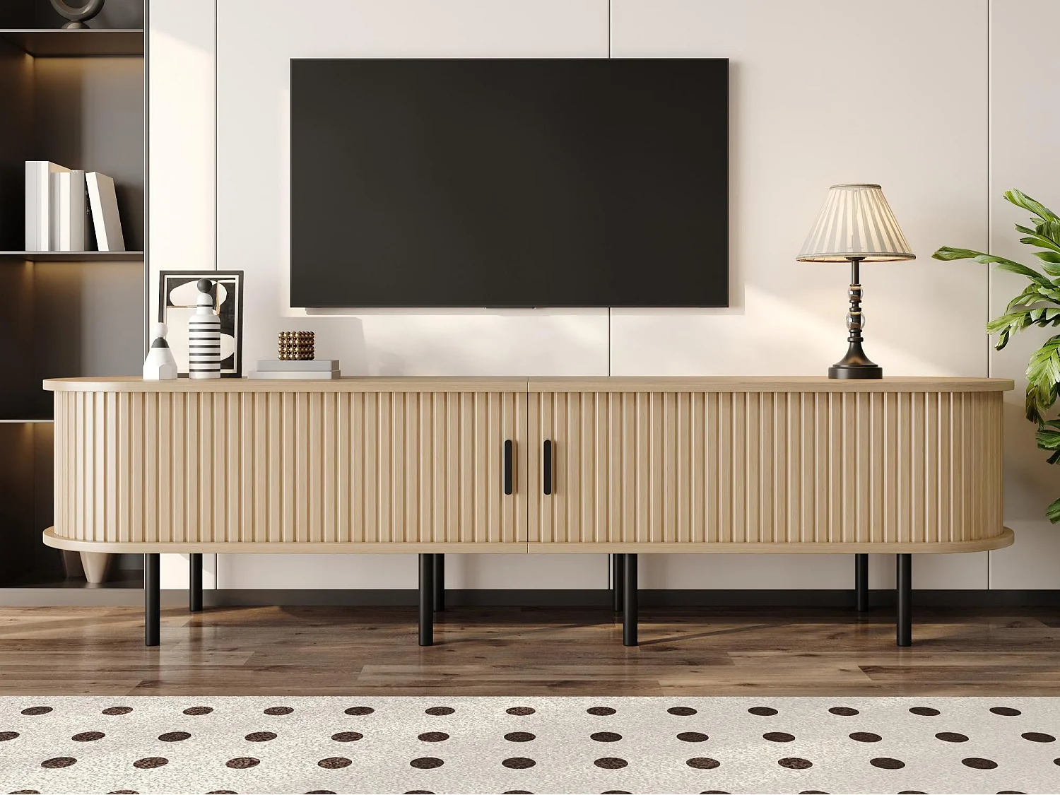 Ovaler TV-Schrank 170x40x46 cm - 2 Schiebetüren und 2 offene Regale - Metallfüße - MDF - Natur