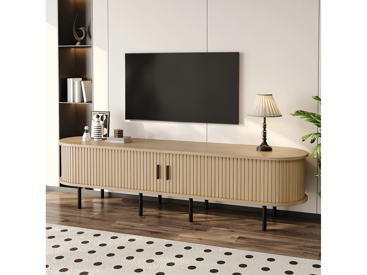 Ovaler TV-Schrank 170x40x46 cm - 2 Schiebetüren und 2 offene Regale - Metallfüße - MDF - Natur