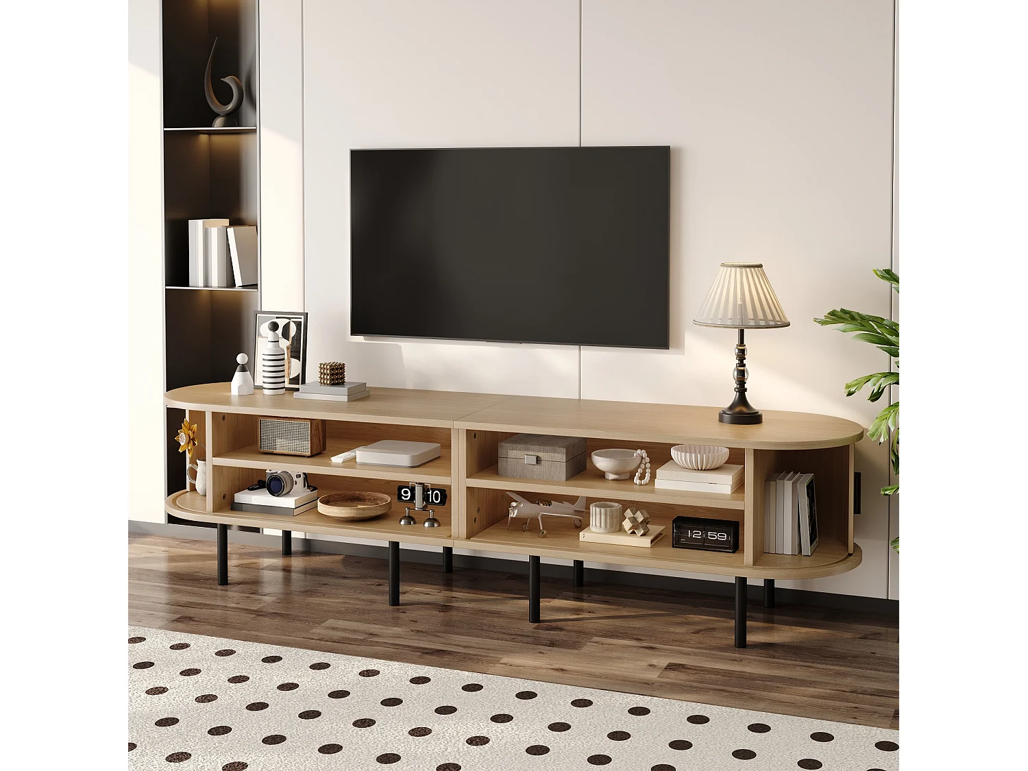 Ovaler TV-Schrank 170x40x46 cm - 2 Schiebetüren und 2 offene Regale - Metallfüße - MDF - Natur