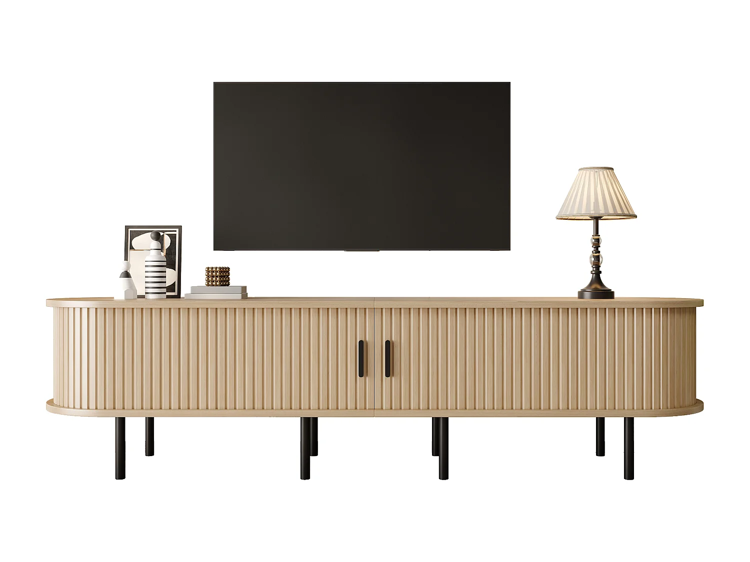 Ovaler TV-Schrank 170x40x46 cm - 2 Schiebetüren und 2 offene Regale - Metallfüße - MDF - Natur