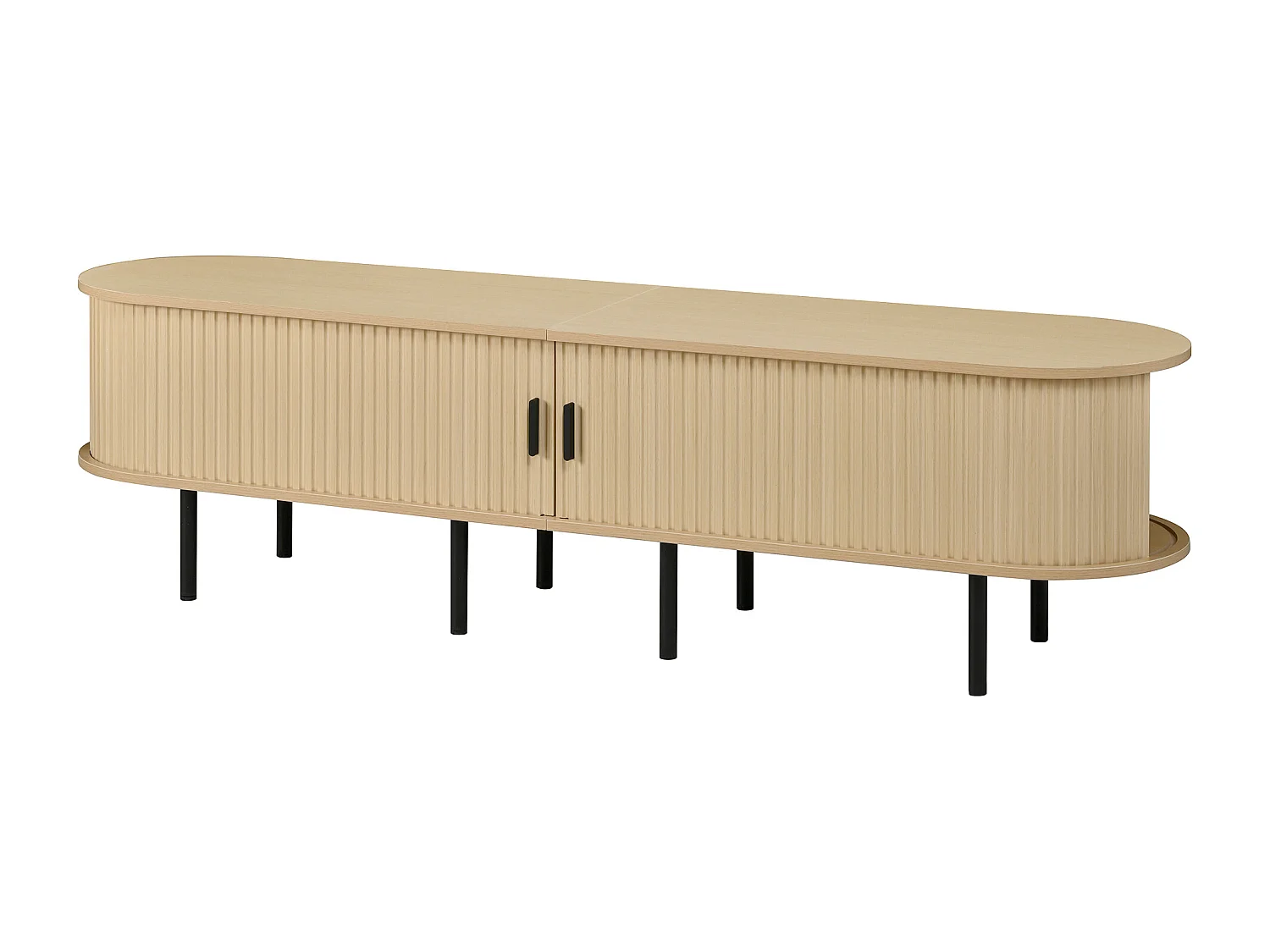 Ovaler TV-Schrank 170x40x46 cm - 2 Schiebetüren und 2 offene Regale - Metallfüße - MDF - Natur