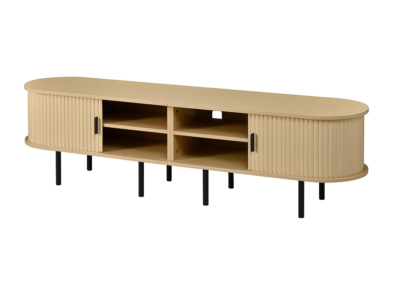Ovaler TV-Schrank 170x40x46 cm - 2 Schiebetüren und 2 offene Regale - Metallfüße - MDF - Natur