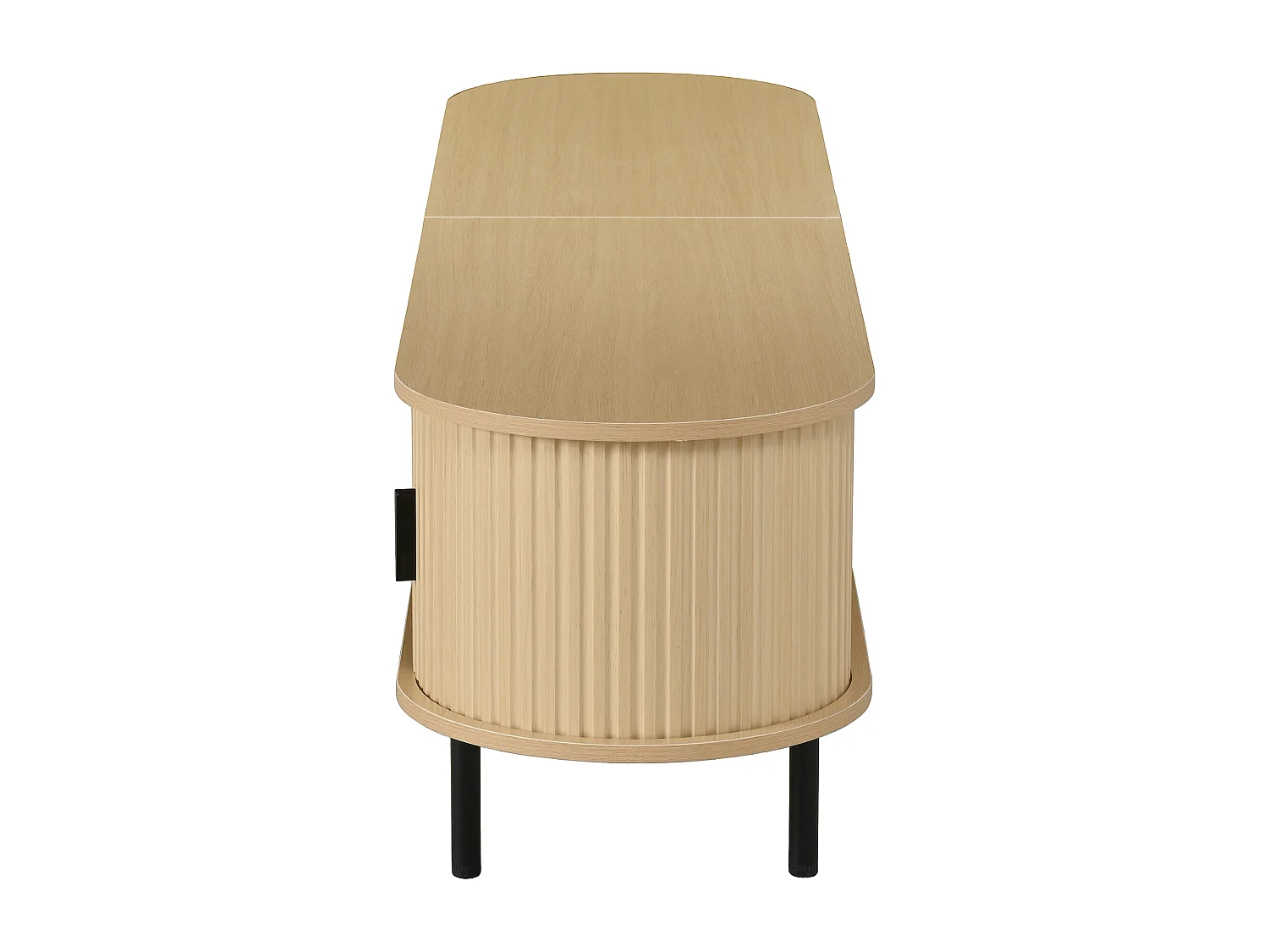 Ovaler TV-Schrank 170x40x46 cm - 2 Schiebetüren und 2 offene Regale - Metallfüße - MDF - Natur