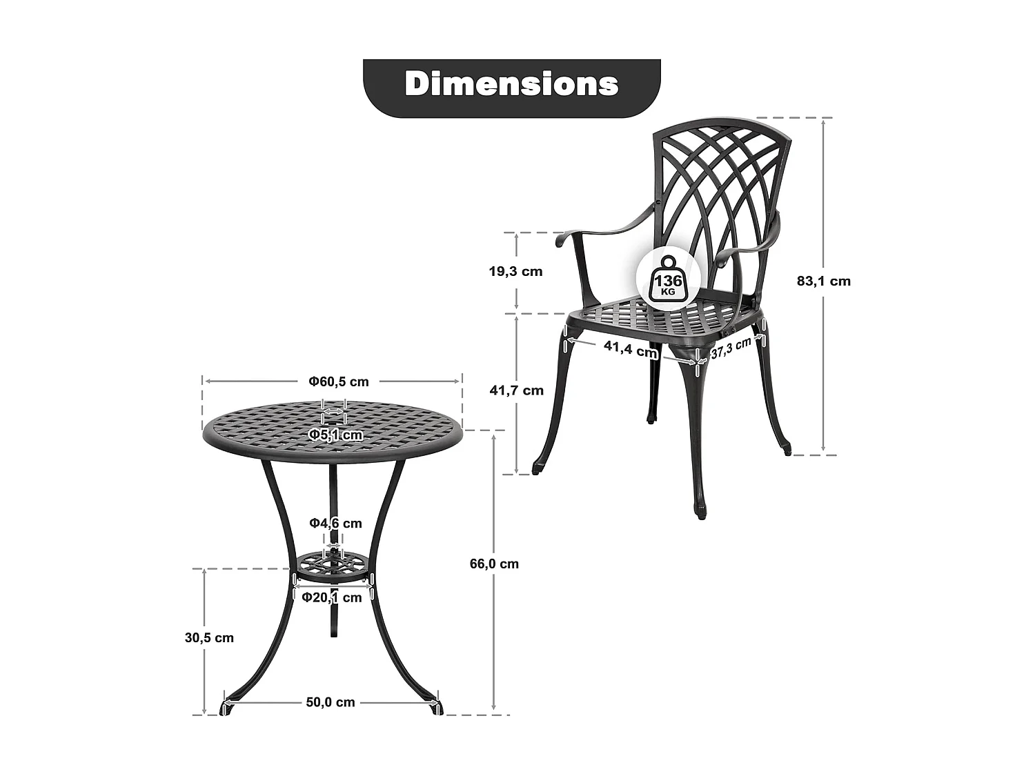 Ensemble bistro aluminium moulé noir 3 pièces table 61 cm chaises
