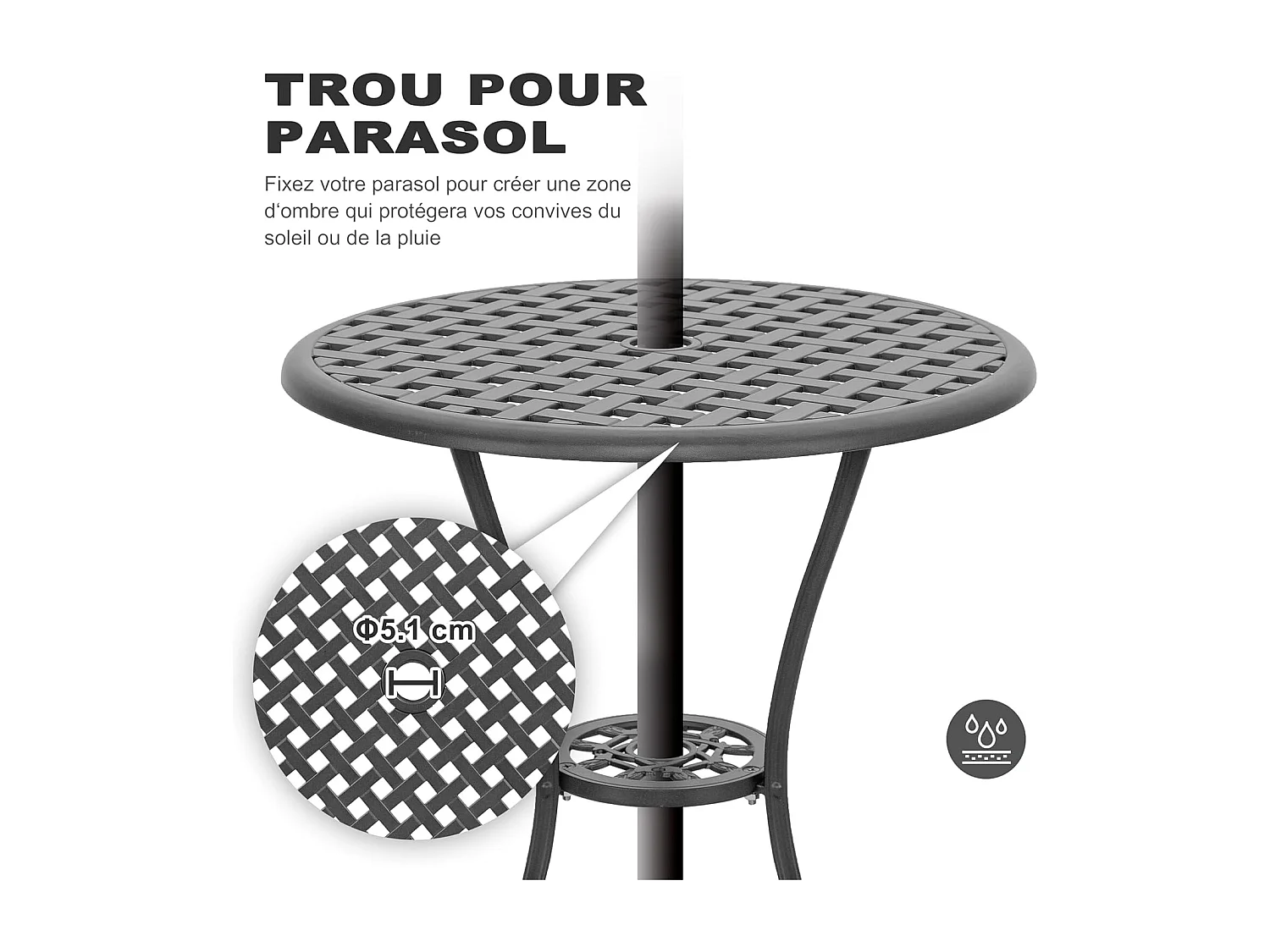 Ensemble bistro aluminium moulé noir 3 pièces table 61 cm chaises