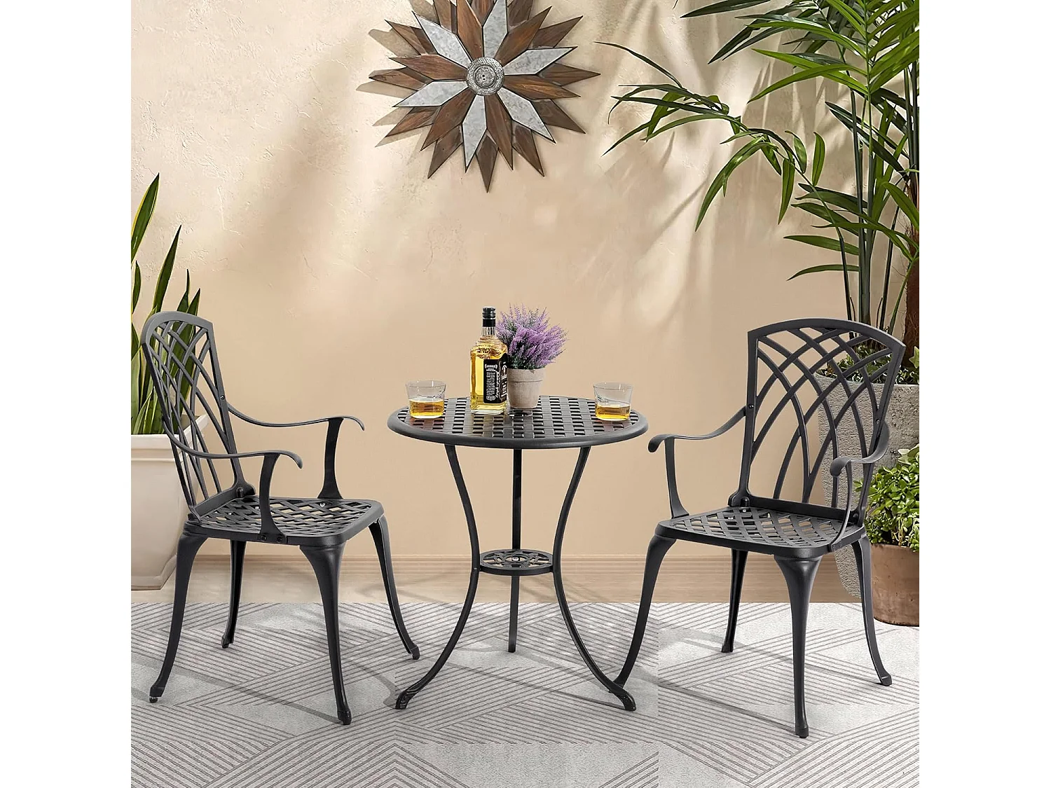 Ensemble bistro aluminium moulé noir 3 pièces table 61 cm chaises