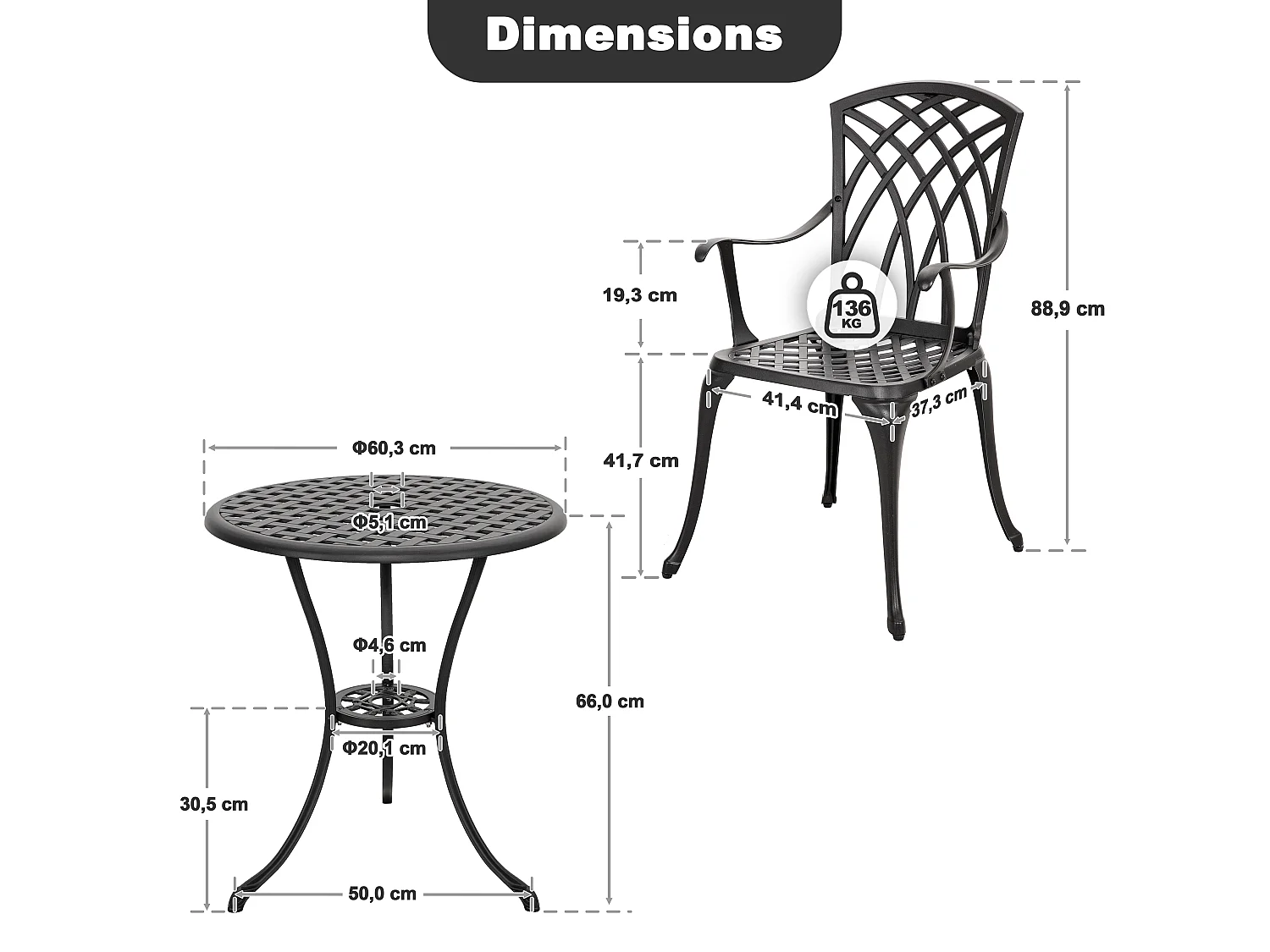 Ensemble bistro aluminium moulé noir 3 pièces table 61 cm chaises