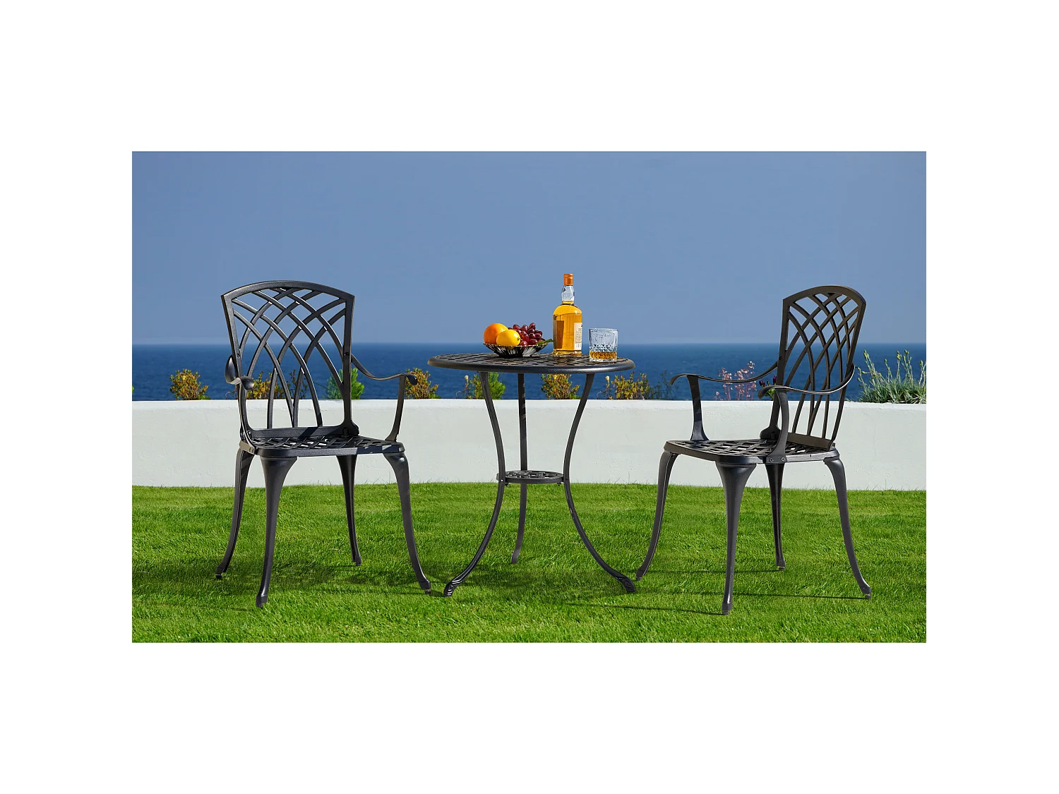 Ensemble bistro aluminium moulé noir 3 pièces table 61 cm chaises