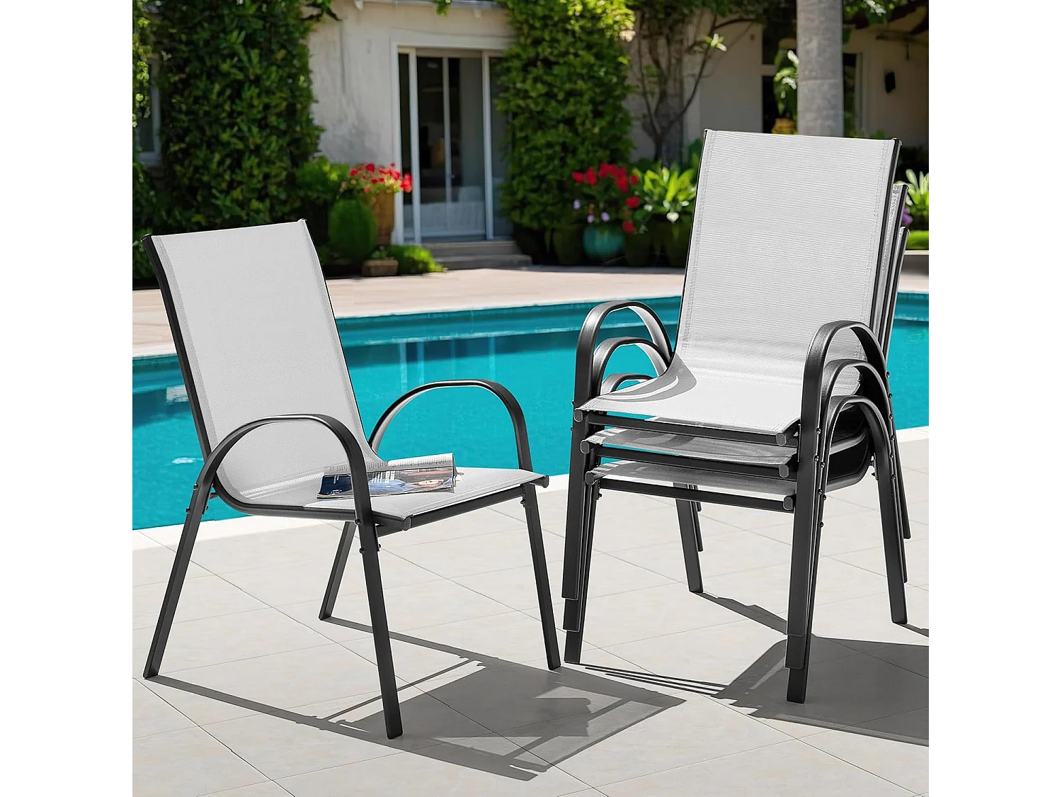 Chaises de Jardin Empilables 4 Pièces Textilène Résistant Gris Noir