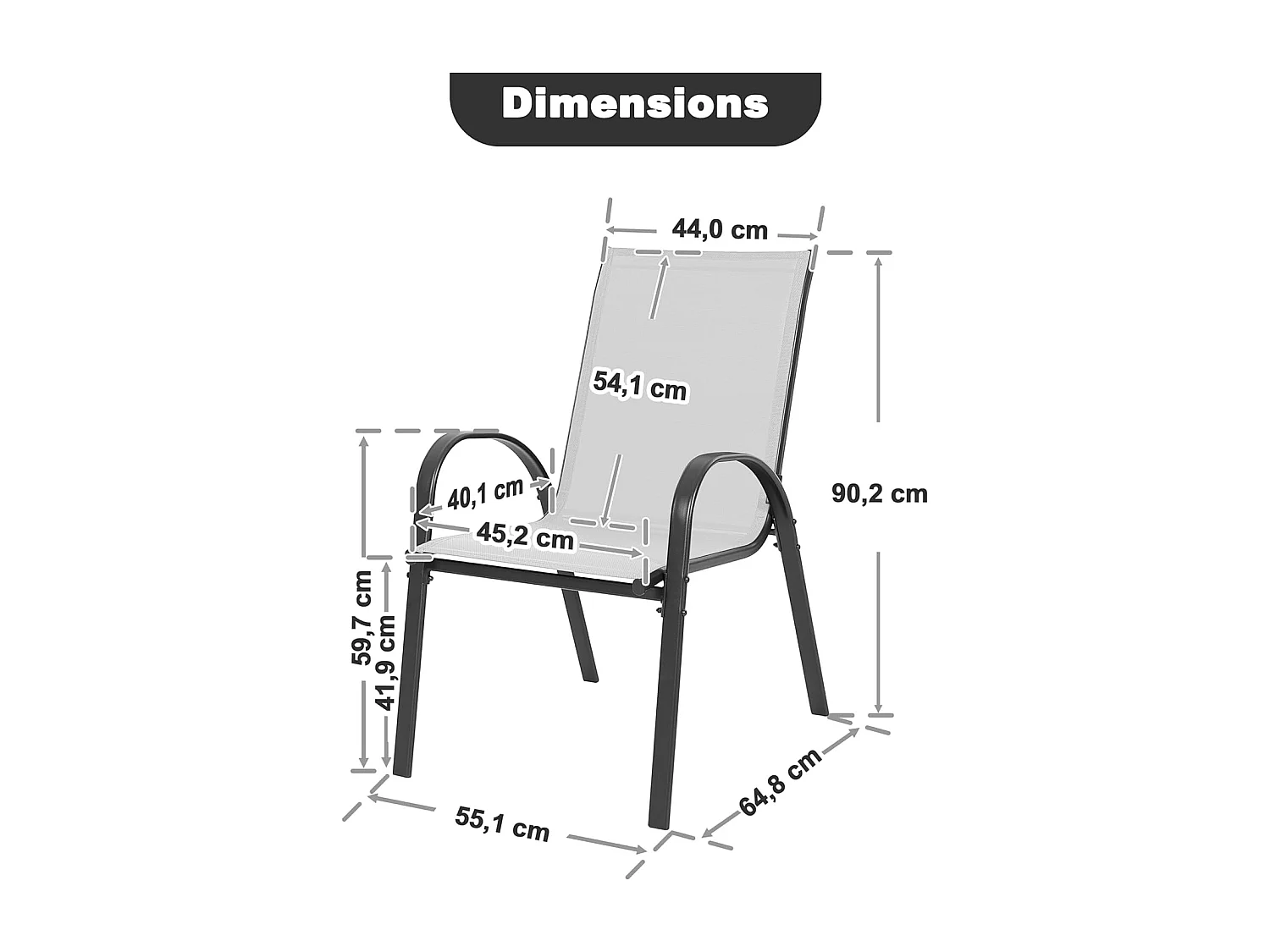 Chaises de Jardin Empilables 4 Pièces Textilène Résistant Gris Noir