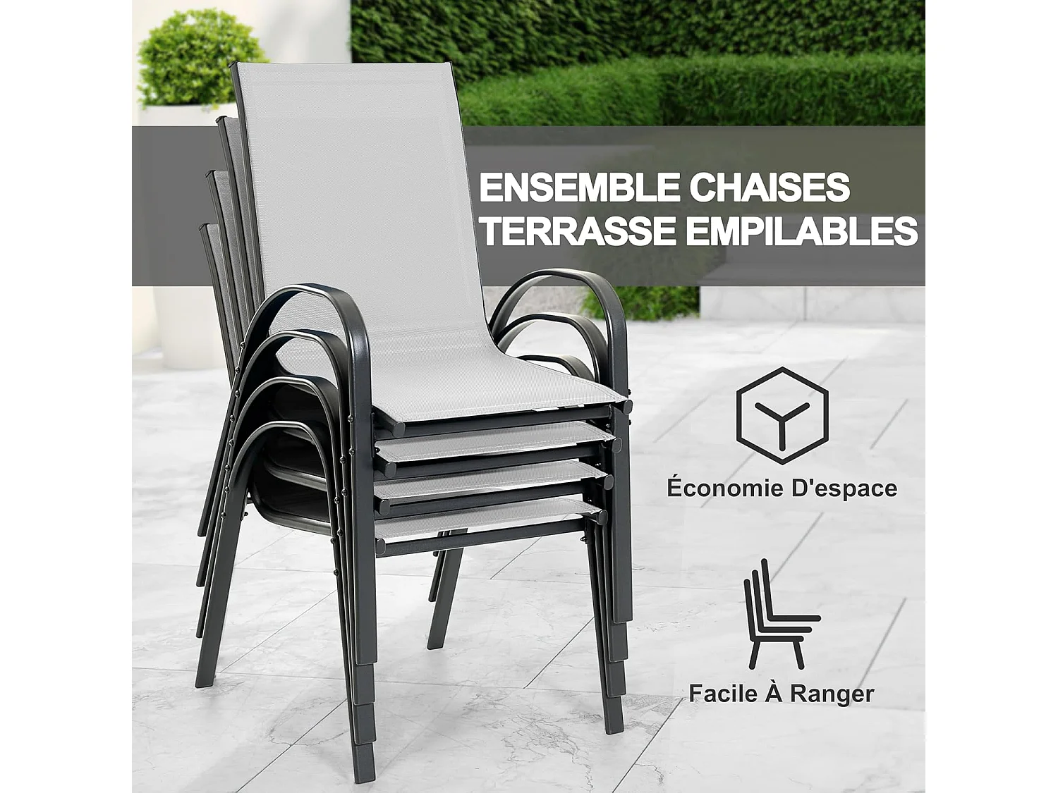 Chaises de Jardin Empilables 4 Pièces Textilène Résistant Gris Noir