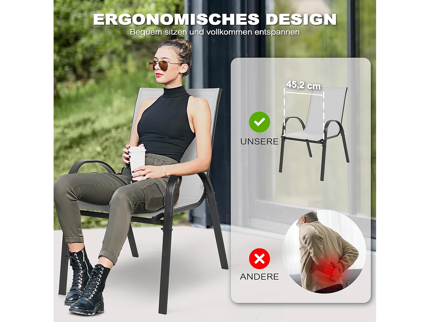 Chaises de Jardin Empilables 4 Pièces Textilène Résistant Gris Noir