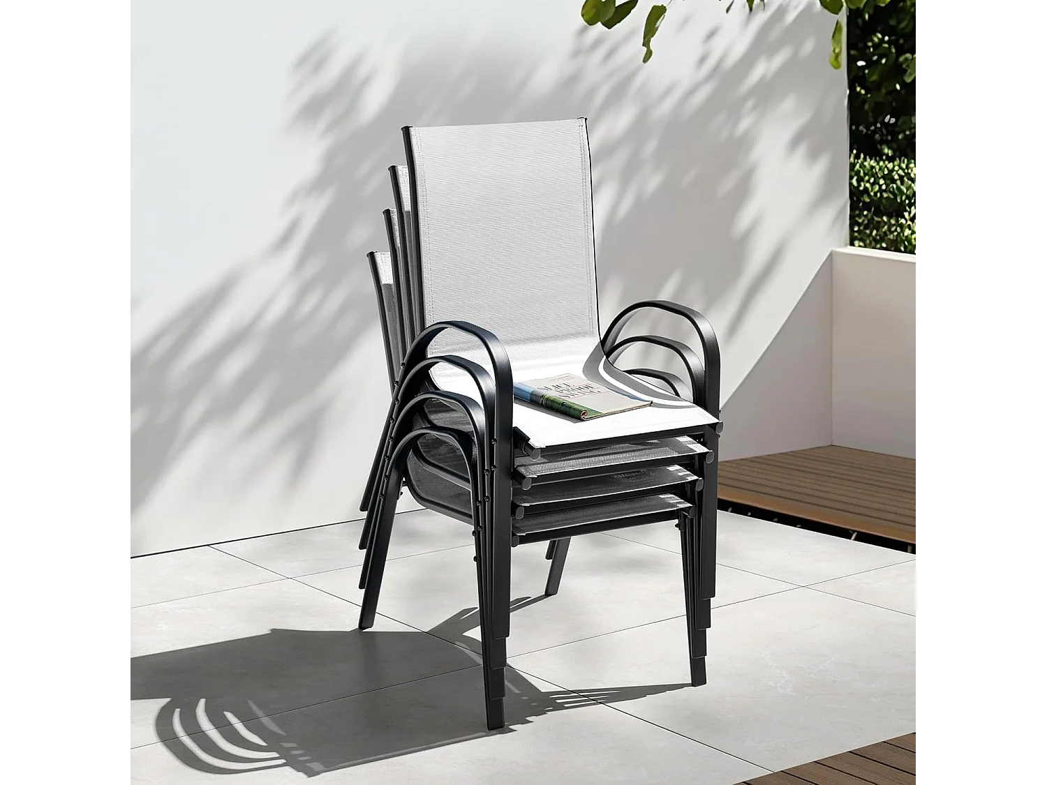 Chaises de Jardin Empilables 4 Pièces Textilène Résistant Gris Noir