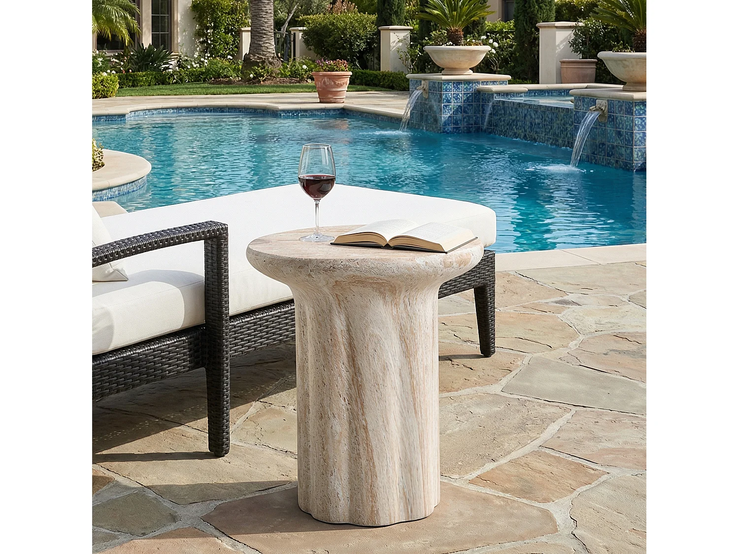 Bout de Canapé de Jardin Design Moderne en MgO - Table d'Appoint Extérieure Aspect Travertin - Beige